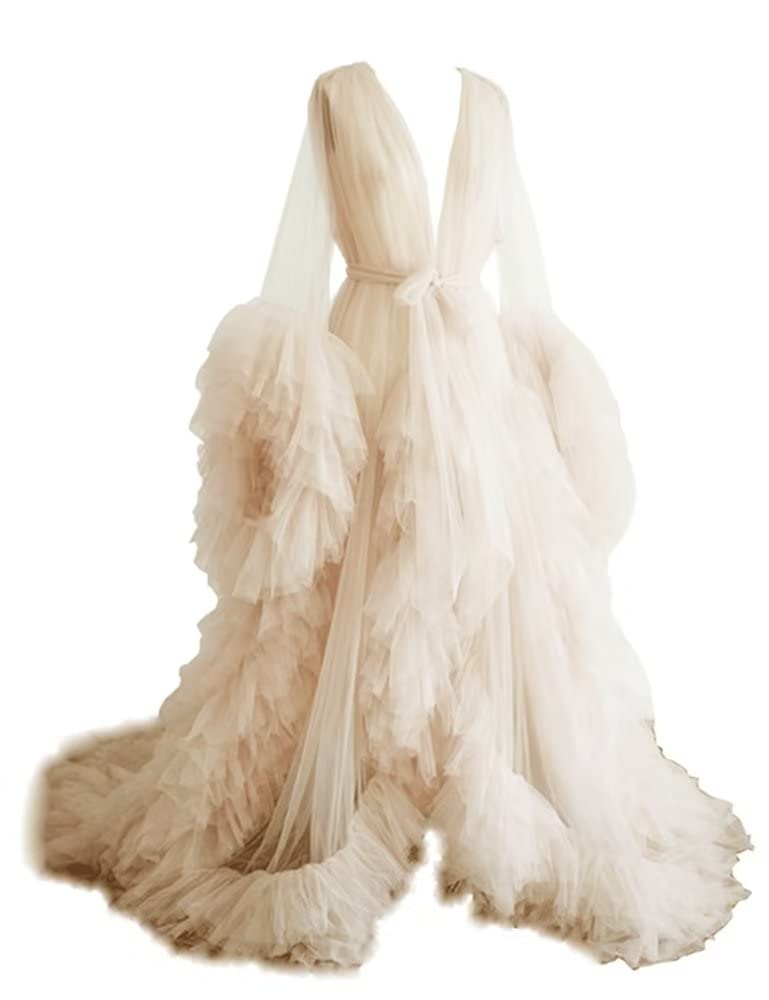 ElenaDressy Women's Sexy Maternity Robe - Sheer Plus Size Nightgown Kimono Puffy Tulle Dressing Gown for Photoshoot, Boudoir, Bridal Shower & Maternity Photos