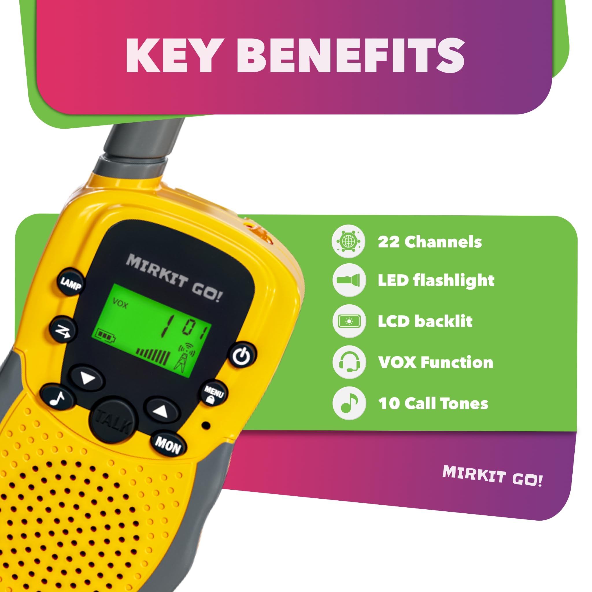 MIRKIT GO! Game: 2-Pack Kids Walkie Talkies with 4 Outdoor Backyard Games - Scavenger Hunt, Capture The Flag, Police & Hide and Seek | Fun Yard Games for Kids & Adults | Includes Free Handcuffs | Perfect for Family Camping, Birthday Parties & Outdoor Adventures