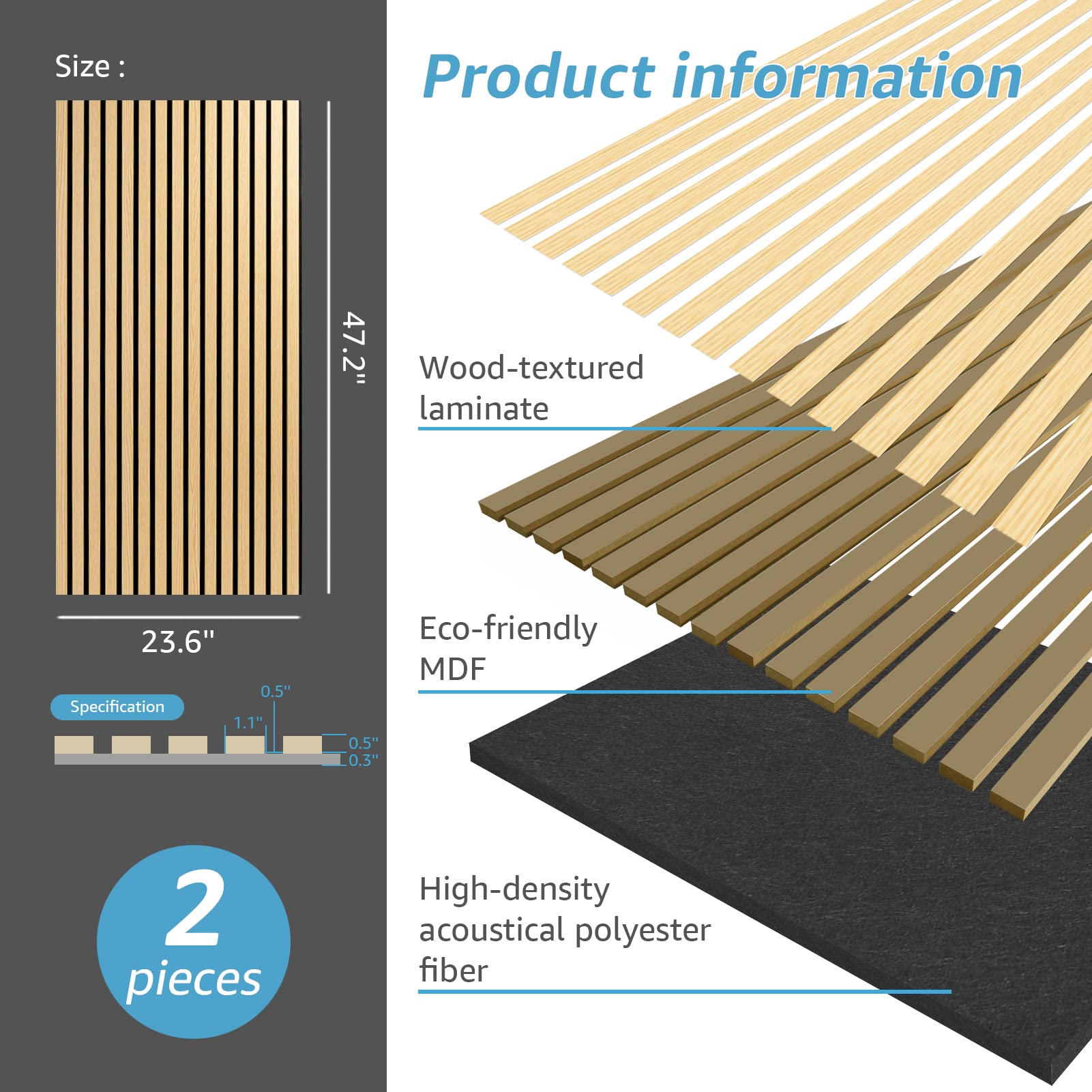 Art3d 2 Pack Wood Slat Acoustic Panels for Wall & Ceiling - 3D Fluted Sound Absorbing Panels with Natural Oak Finish - Home Theater, Office, Studio & Music Room Noise Reduction Solution