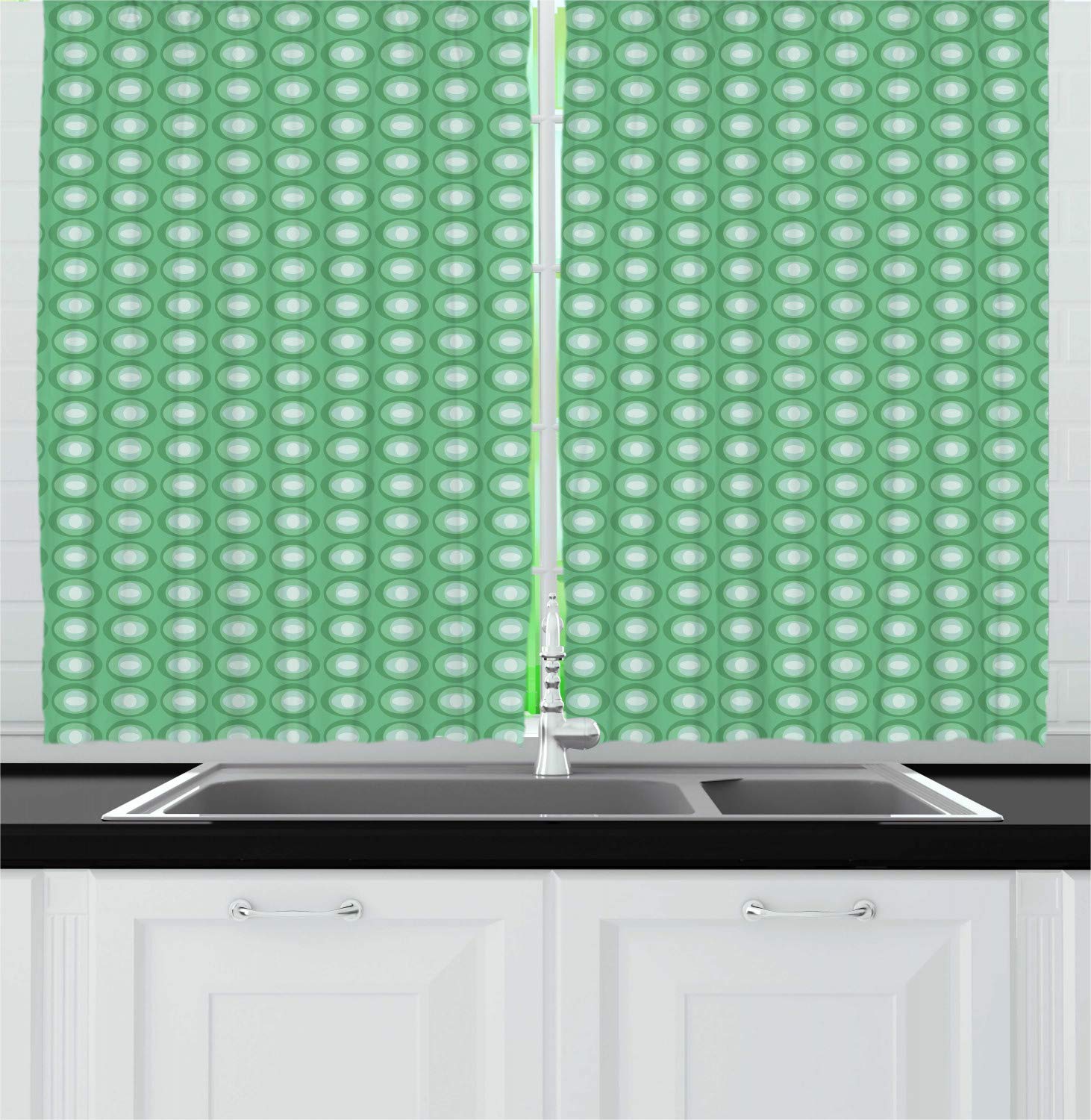 Ambesonne Abstract Kitchen Curtains Set of 2 Panels - Vintage Circle Pattern in Leaf Green Tones, 55