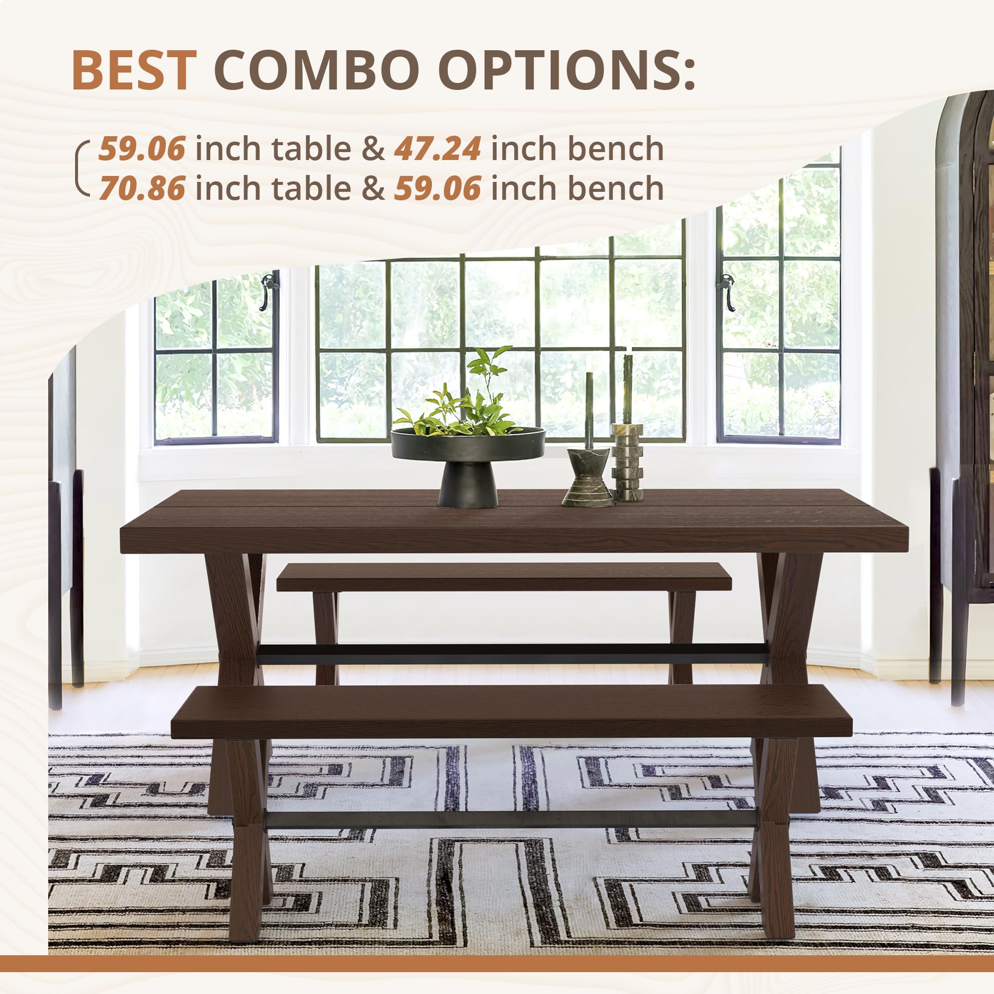 LUE BONA 59 Inch Solid Wood Farmhouse Dining Table for 6-8 People, Heavy Duty Rectangular Kitchen Table with Natural Oak Grain - Perfect for Family Gatherings, Dinner Parties & Cozy Home Dining Rooms (Brown)