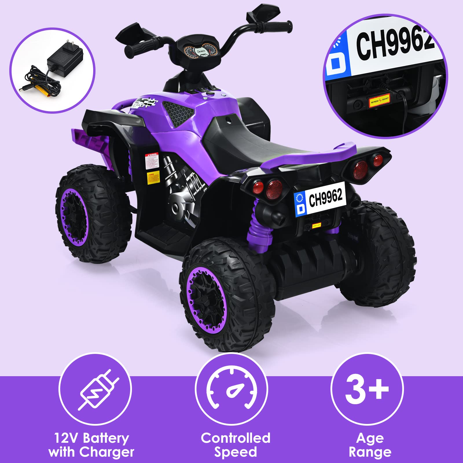 OLAKIDS 12V Kids Ride On ATV - Electric Battery Powered 4 Wheeler Toy Car for Toddlers & Children with LED Lights, Music, Horn - High & Low Speed, Soft Start - Purple Quad Vehicle for Boys & Girls | Outdoor Play, Birthday Gift, Backyard Fun