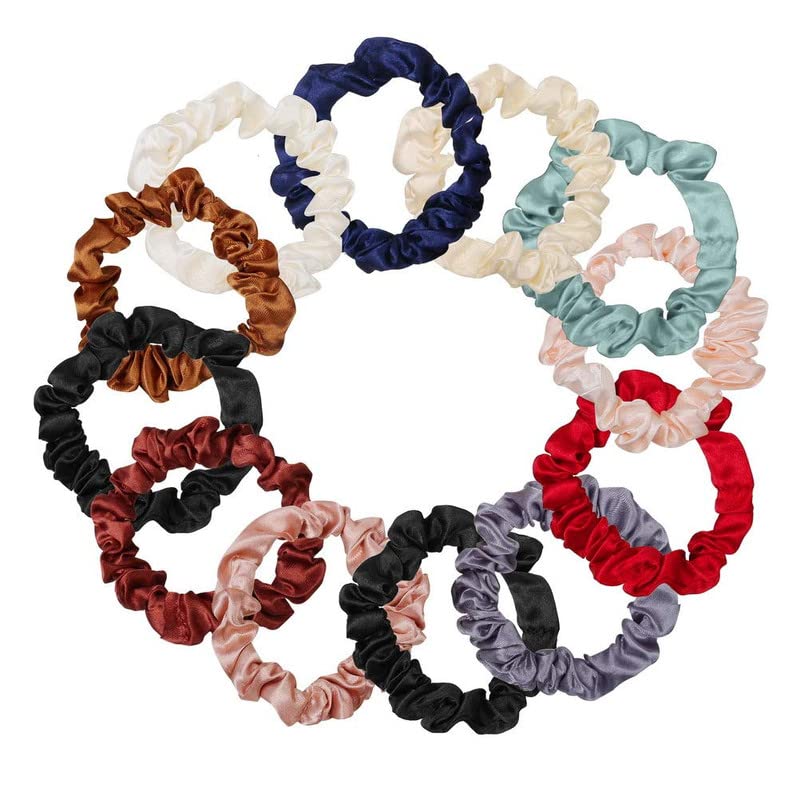 FAMEZA 12Pcs Satin Elastic Hair Bands - Soft Silk Scrunchies, Skinny Hair Ties & Ponytail Holders for Women & Girls - Perfect for Everyday Use, Workouts, and Gifts
