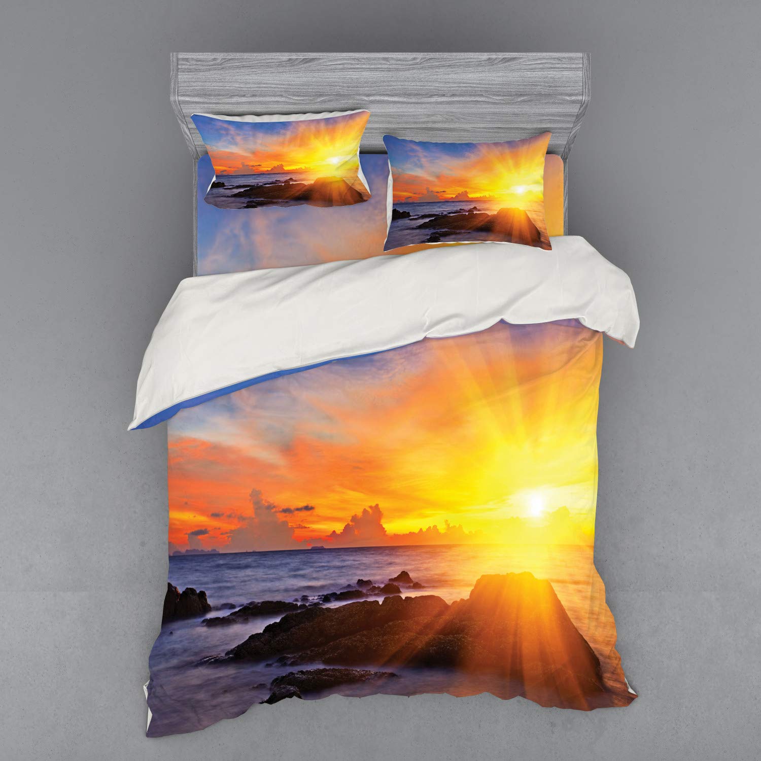 Ambesonne Tropical Beach Duvet Cover Set - Queen Size 4-Piece Bedding with Sunset Print, Shams & Fitted Sheet | Vibrant Orange & Blue Coastal Decor for Master Bedroom, Guest Room or Vacation Home