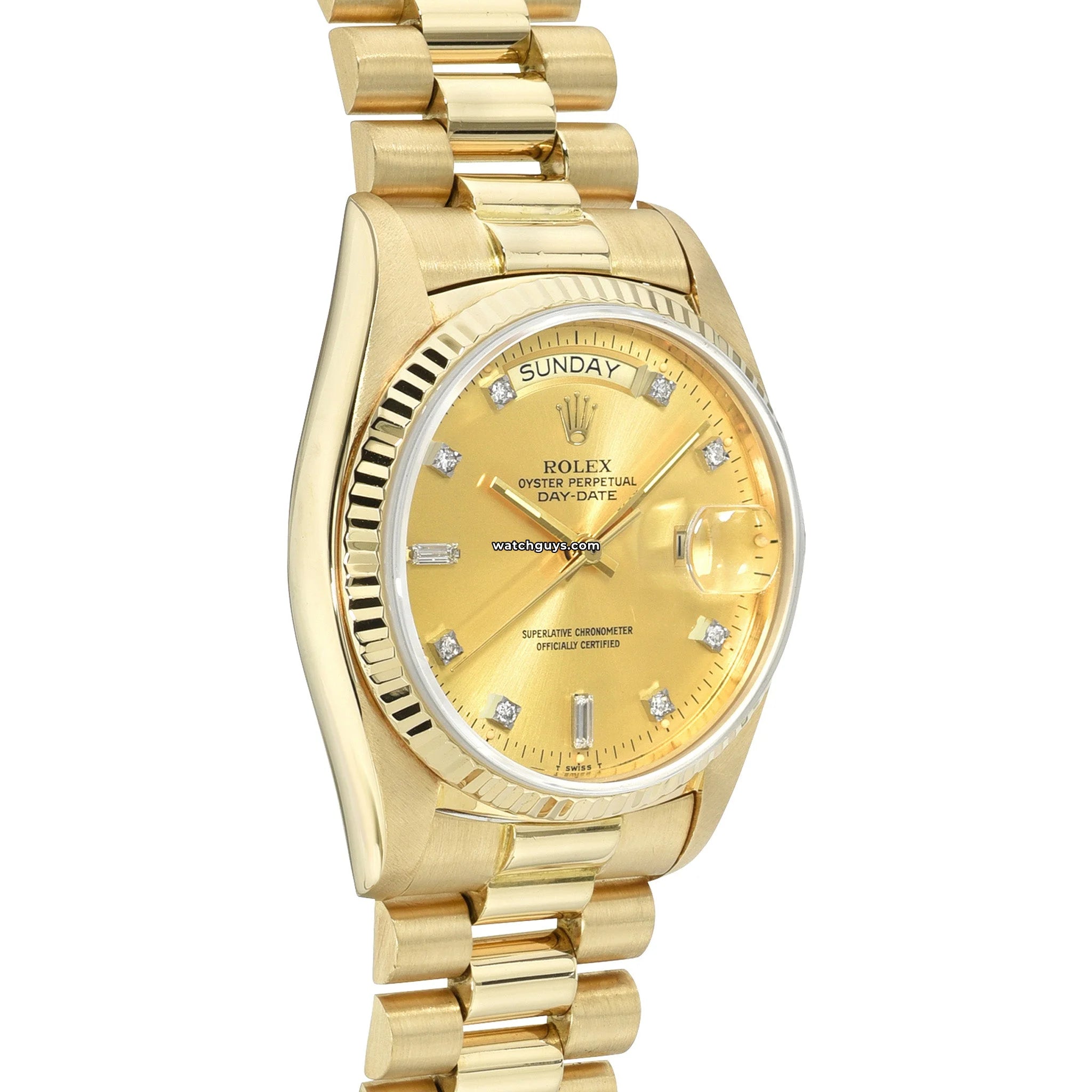 Rolex Day-Date 18038 18K Gold Men's Watch with Champagne Dial & Diamond Hour Markers - Luxury Dress Watch for Business & Formal Occasions
