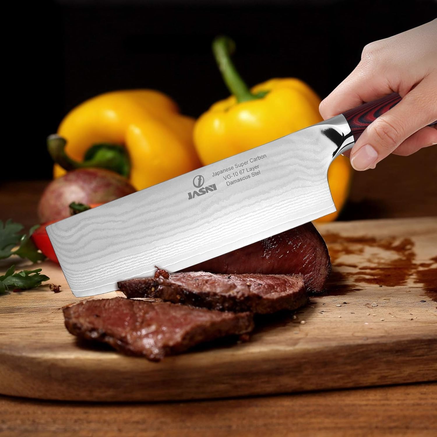 Jasni Professional 7-Inch Japanese Nakiri Knife - High Carbon VG10 Damascus Steel, Ultra Sharp 67-Layer Forged Blade - Perfect for Chopping Vegetables, Fruits & Sushi Preparation - Ideal for Home Chefs & Professional Kitchens
