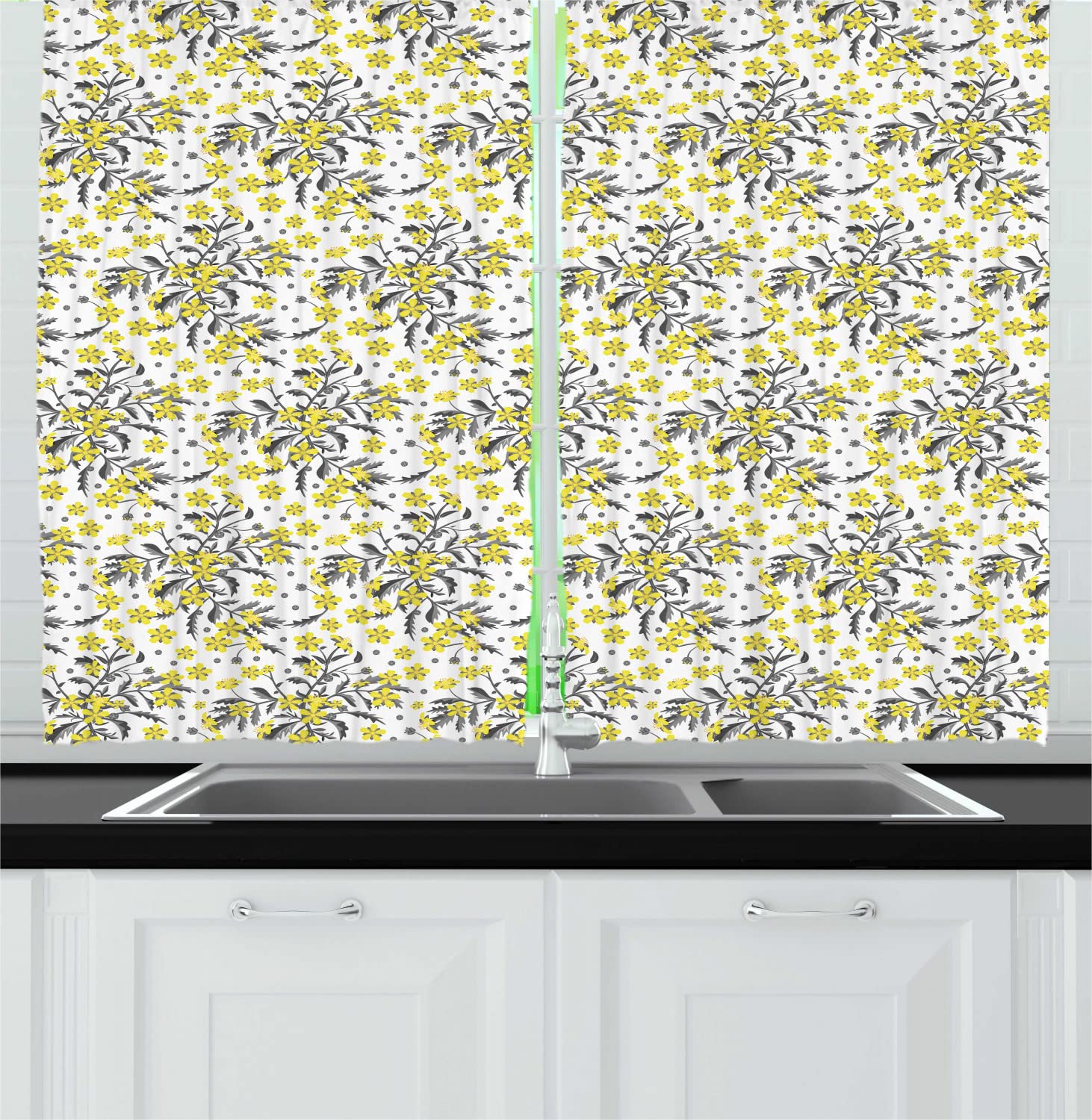 Ambesonne Floral Long Kitchen Curtains - Spring Blossom Design with Rod Pocket, 55