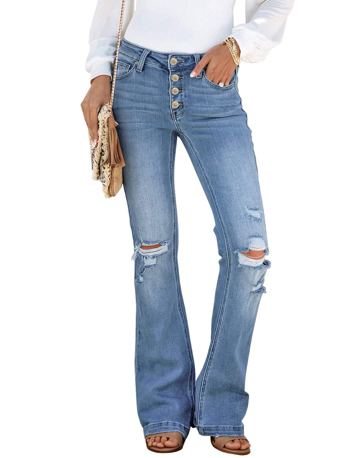Luvamia Women's High Waisted Ripped Flare Bell Bottom Jeans - Retro 70s Wide Leg Denim Pants for Casual Outfits & Vintage Style Fashion