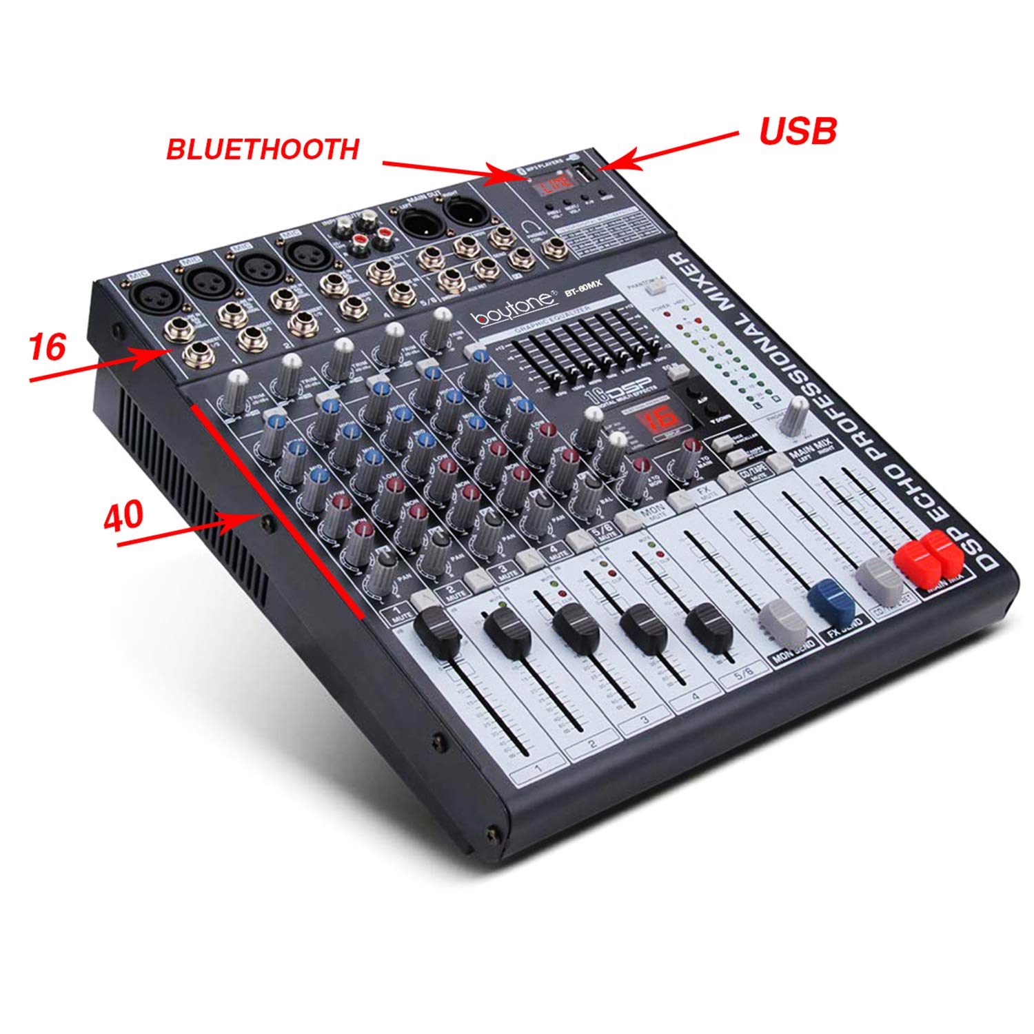 Boytone BT-60MX 6-Channel Bluetooth DJ Mixer - Professional Audio Controller with USB MP3 Player, 4 XLR Mic Inputs, 7-Band EQ & 16 DSP Effects | Perfect for Live Performances, Studio Recording & Karaoke Nights
