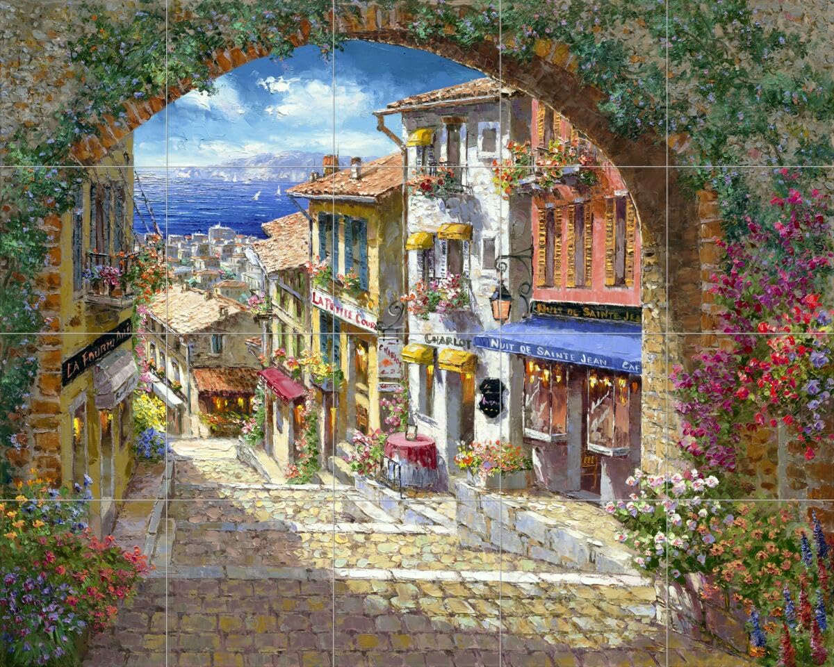 Ceramic Backsplash Tile Mural - Street Scene Landscape Design for Kitchen, Bathroom & Shower - Archway Cagne by Sam Park/Soho Editions - Perfect for Modern Home Decor & Renovation Projects