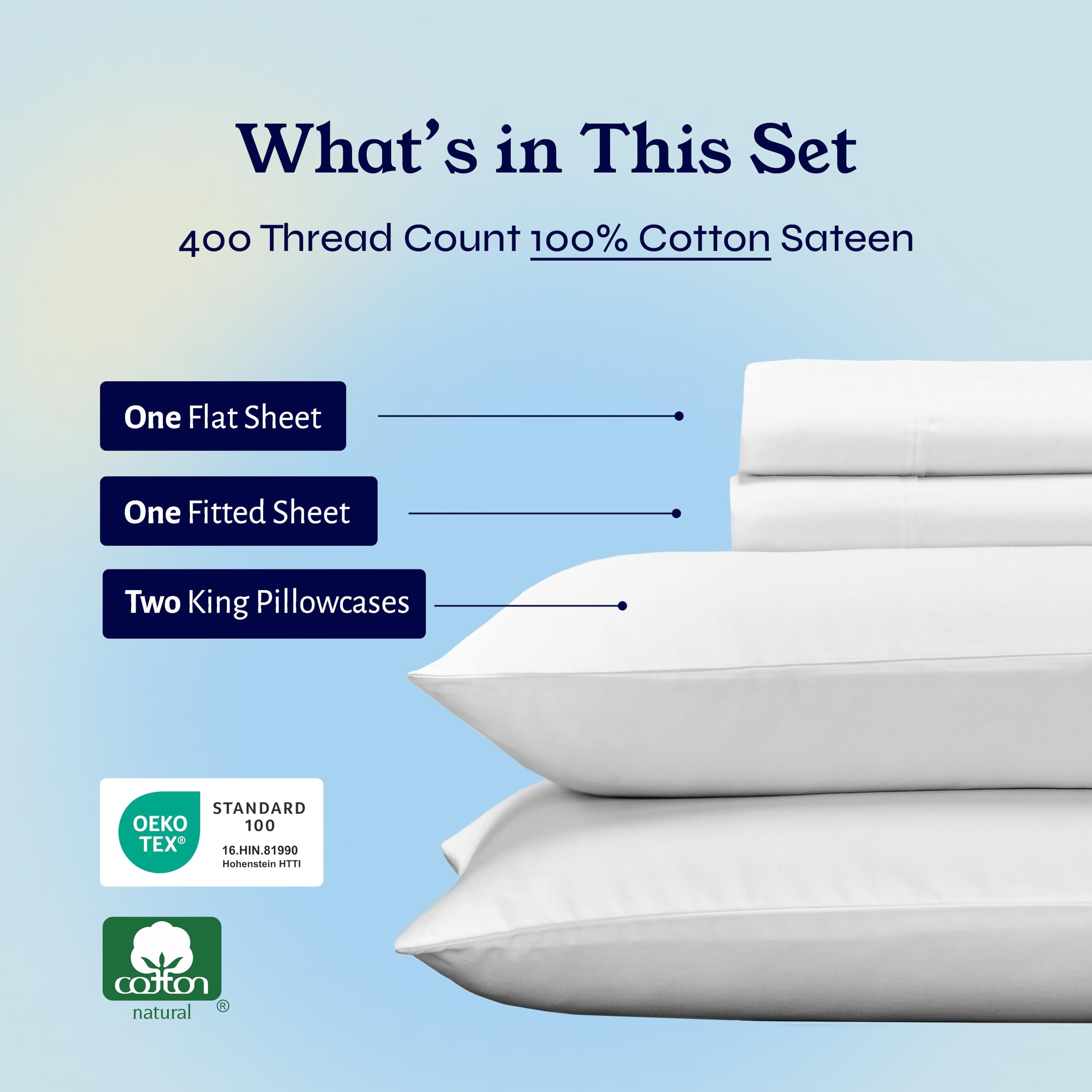 California Design Den 400 Thread Count 100% Cotton King Size Sheet Set - Luxury Sateen Bed Sheets & Pillowcases for King Bed, Breathable Deep Pocket Bedding in Antique White | Perfect for Hot Sleepers & Luxury Hotel-Style Bedrooms