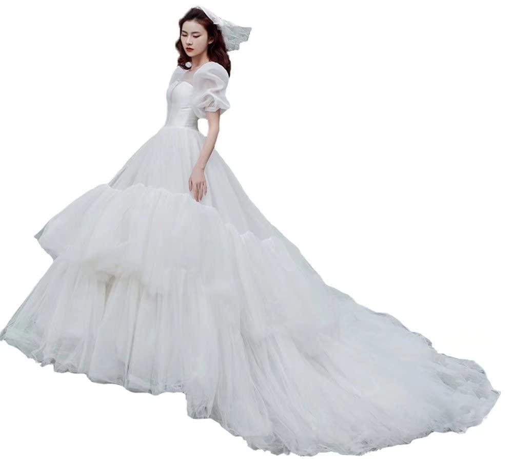 Beautyoung Women's Puffy Sleeve Wedding Dress Ball Gown - Tiered Tulle Bridal Gown with Train | Perfect for Church Weddings, Beach Ceremonies & Formal Receptions 2021