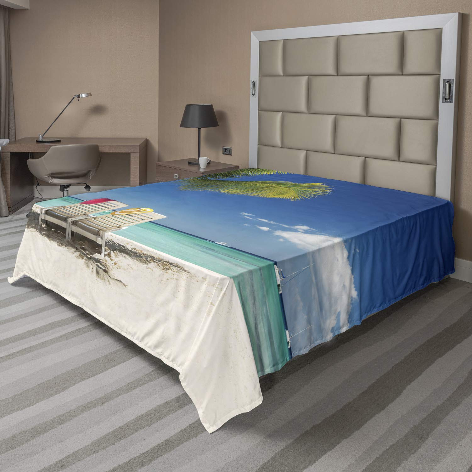 Ambesonne Queen Size Flat Sheet - Soft & Comfortable Beach Vacation Panoramic Print with Palm Trees, Chairs & Boats - Green Blue Decorative Bedding for Coastal & Nautical Themed Bedrooms | Perfect for Guest Rooms, Vacation Homes & Beach House Decor