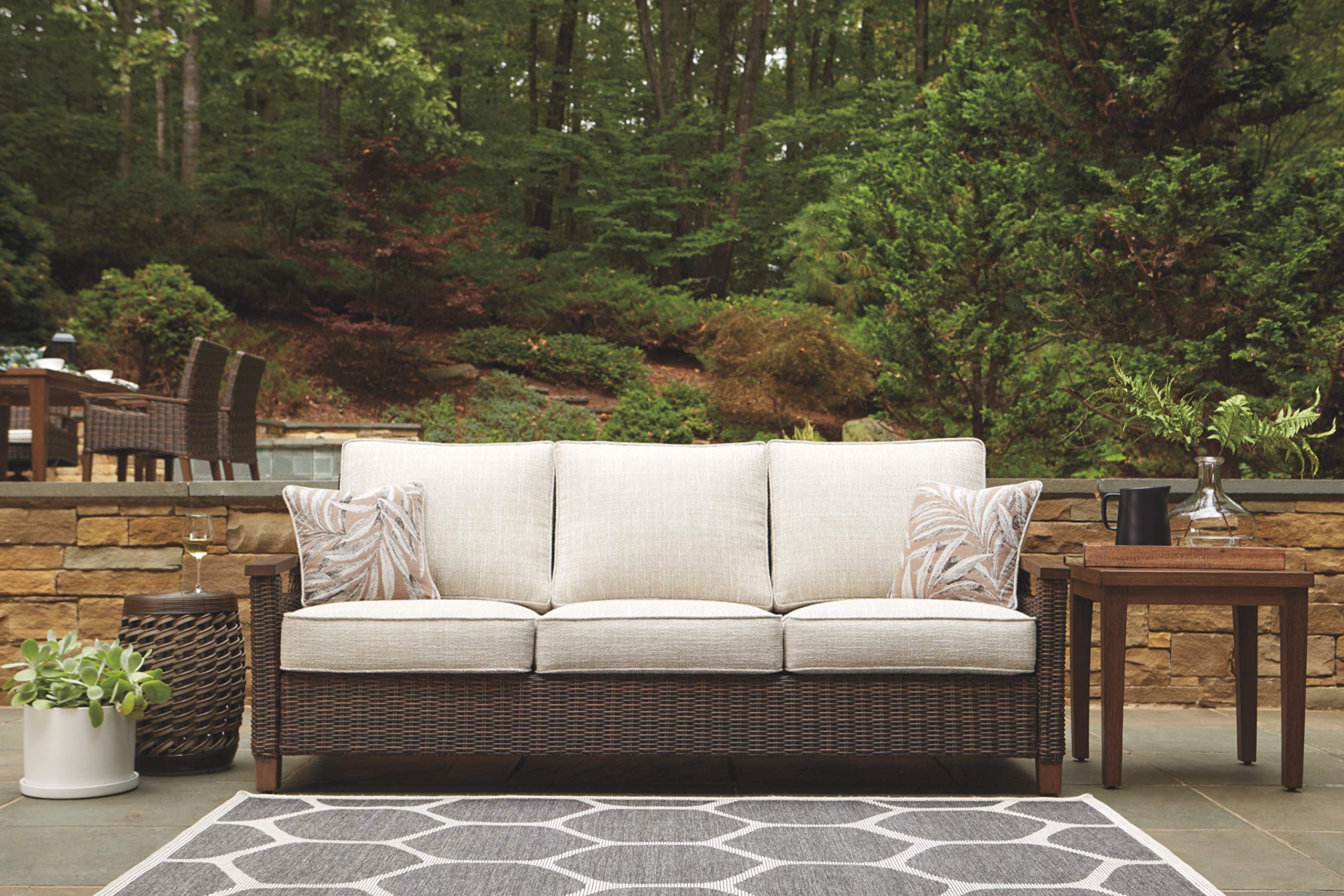 Signature Design by Ashley Paradise Trail Outdoor Patio Sofa Set with Weather-Resistant Cushion & 2 Decorative Pillows - Brown & Beige - Perfect for Backyard, Garden or Poolside Relaxation