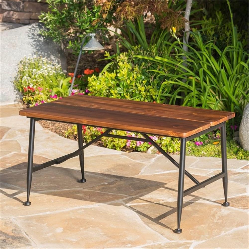 Noble House Ocala Outdoor Acacia Wood and Iron Coffee Table - Weather-Resistant Brown/Black Patio Furniture for Garden, Deck, or Poolside Use