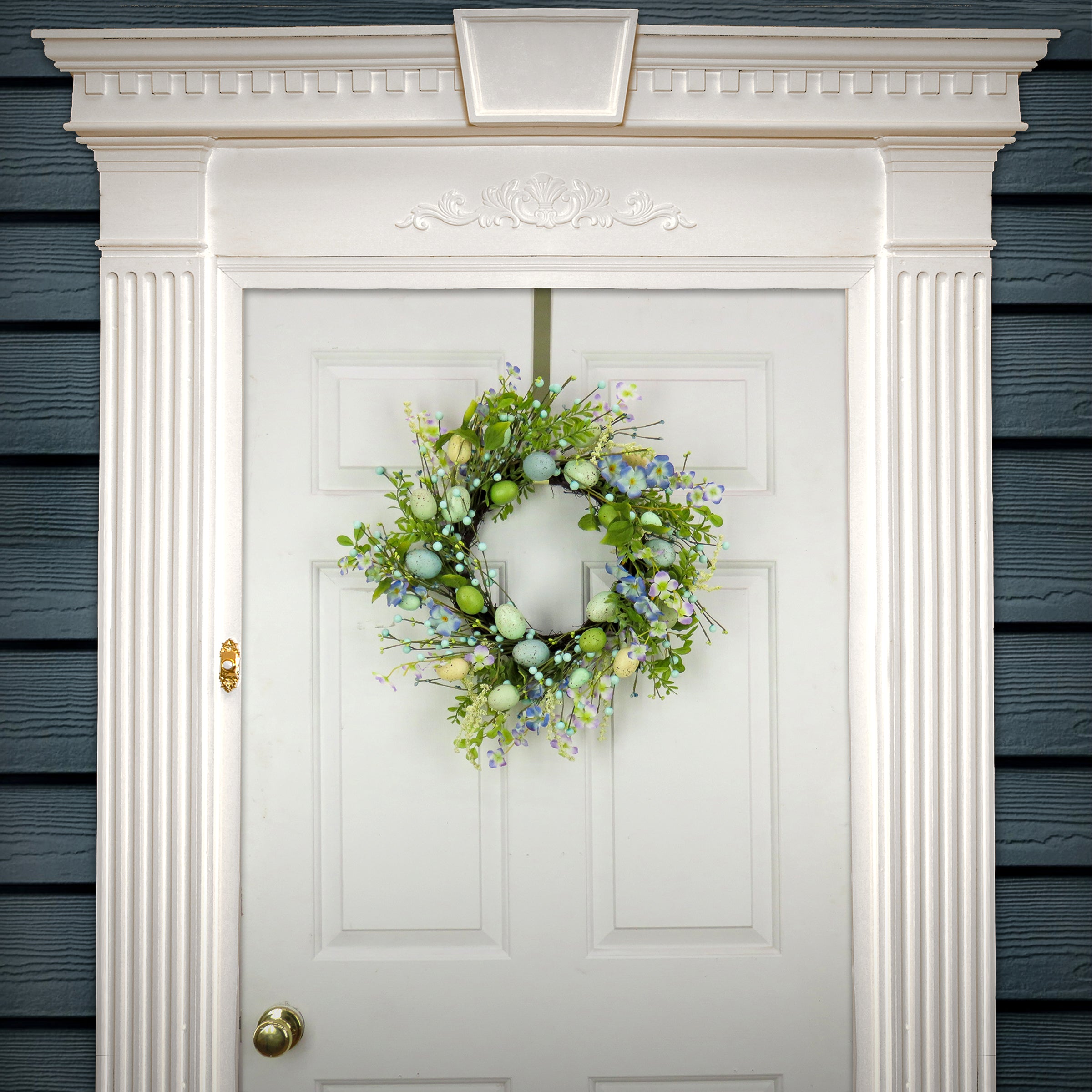 20 Inch Easter Wreath with Blue Flowers and Pastel Eggs - Spring Door Decor for Home, Church, and Party Celebrations