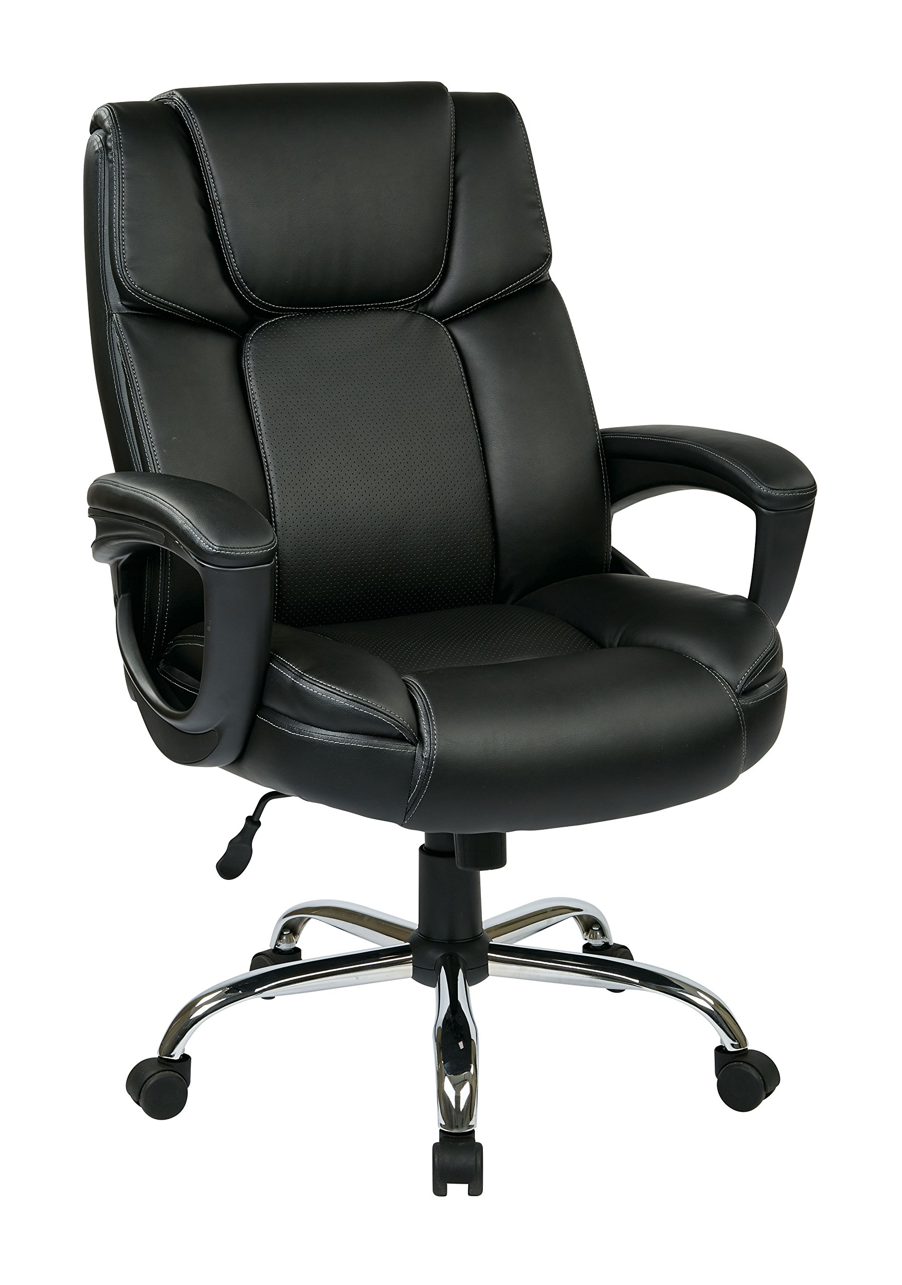 Office Star EC Series Executive Bonded Leather Big & Tall Office Chair - 350 lb Weight Capacity, Adjustable Height, Padded Loop Arms & Chrome Base - Black - Perfect for Home Office, Conference Rooms & Executive Suites