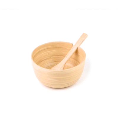 Bambuddha 25 oz Round Natural Spun Bamboo Serving Bowl with Serving Spoon - 7.75