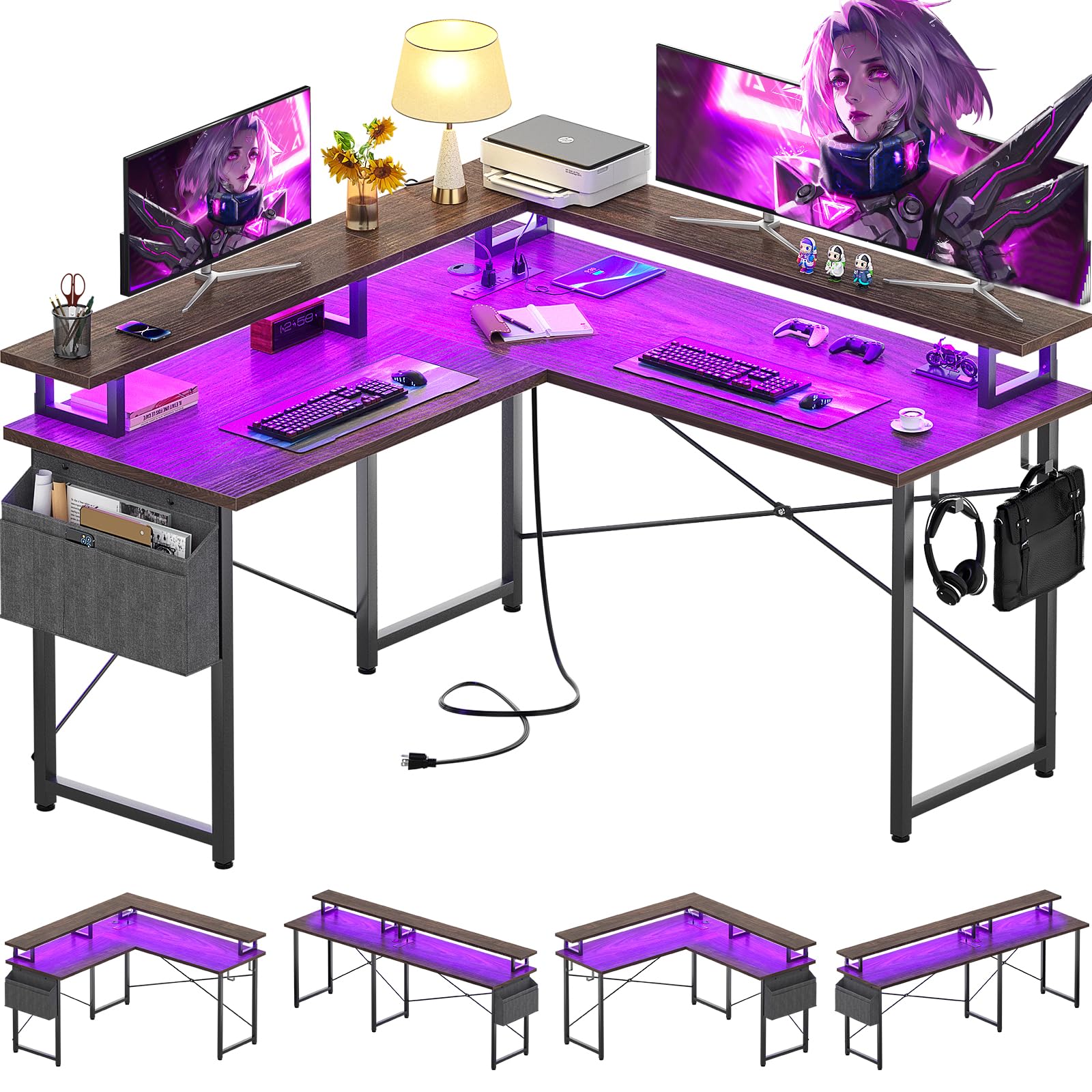 L Shaped Computer Desk with Power Outlets & LED Lights, 47