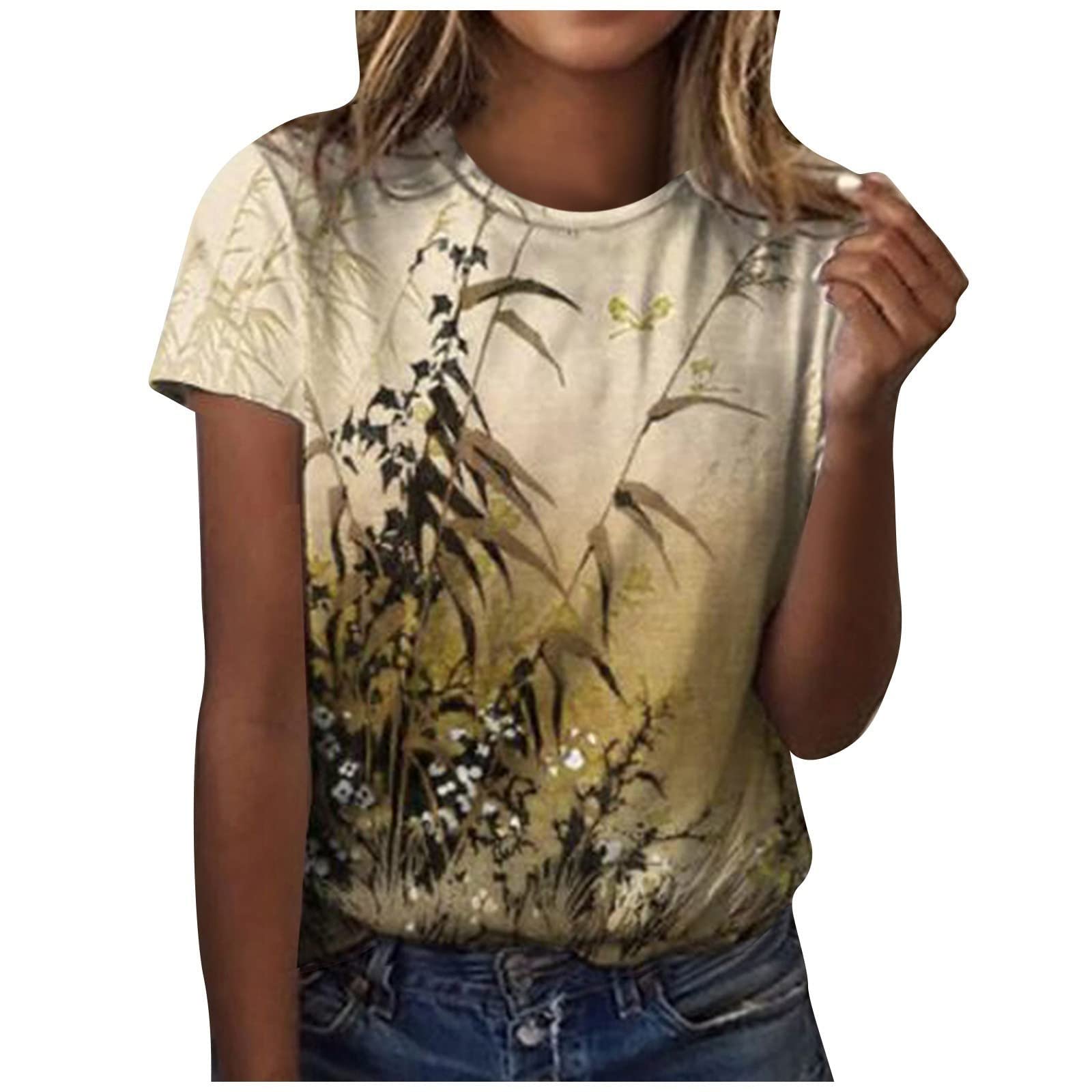 Trendy Printed Women's T-Shirt - Round Neck Loose Fit Short Sleeve Pullover Blouse for Casual Wear & Active Lifestyle | Fashionable Ladies Top #1248