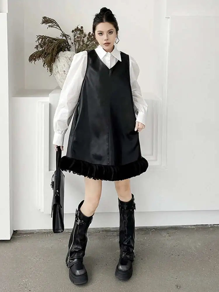 Black Leather Mesh Dress Shirt & Suit Set for Women - Fashionable Two-Piece Lapel Long Sleeve Outfit for Spring & Fall 2025 (Style 1DH9256) | Perfect for Office Wear, Evening Events & Special Occasions