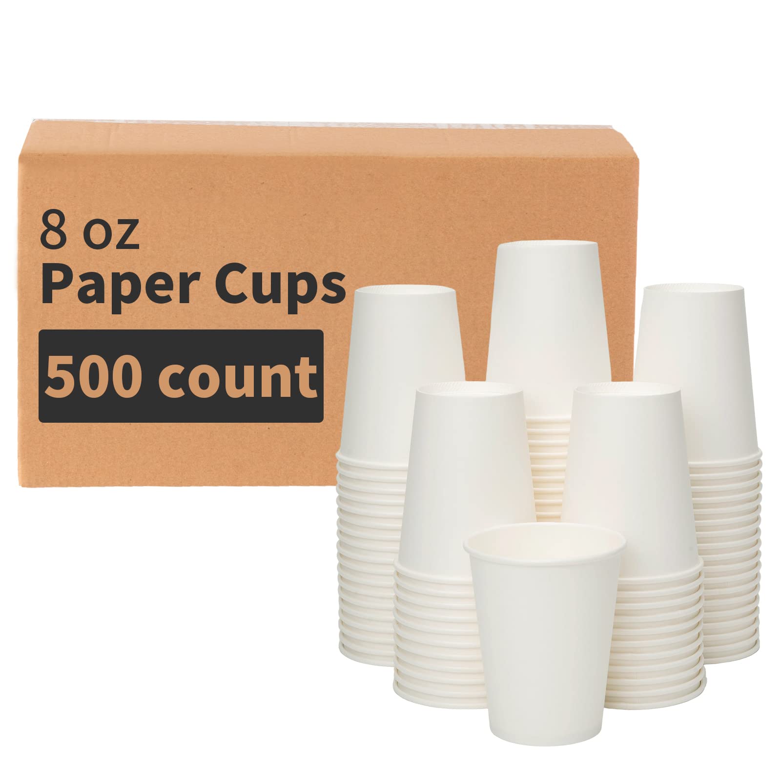 RACETOP 8 oz Disposable Paper Coffee Cups - 500 Pack, Eco-Friendly Hot Drink Cups for Office, Party, Home Use - Perfect for Coffee, Tea, Hot Chocolate and Beverage Serving