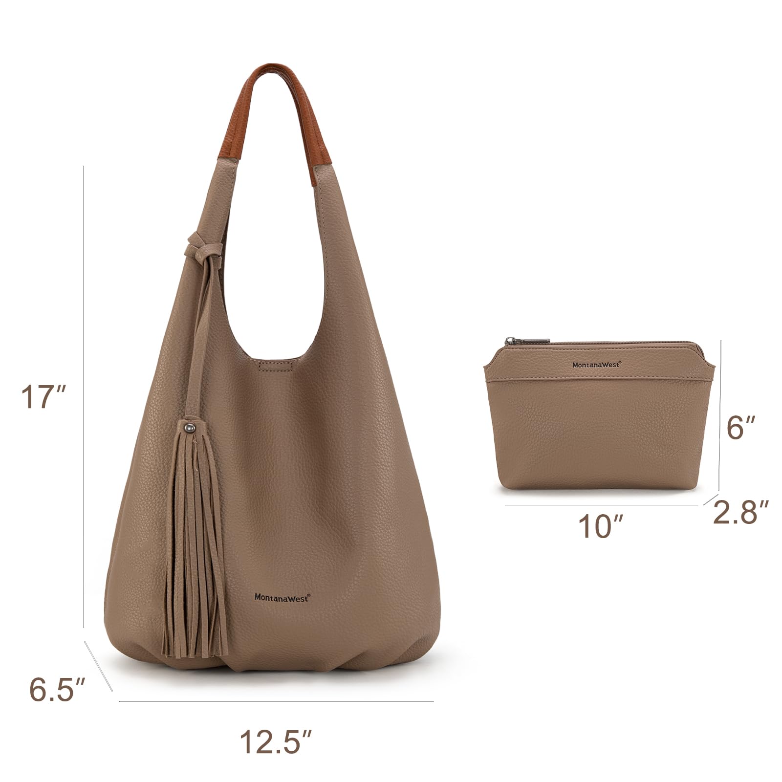 Montana West Hobo Bags for Women - Slouchy Leather Shoulder Purse with 2 Tassels & Cosmetic Pouch | Casual Everyday Handbag for Work, Travel & Shopping