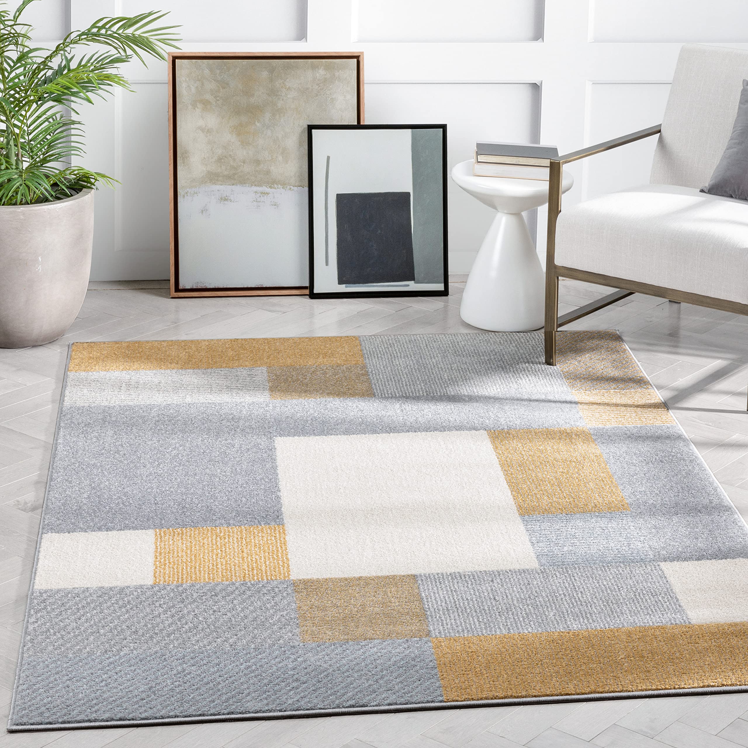Well Woven Welma Yellow Grey Modern Geometric Boxes & Stripes Pattern 8x10 Area Rug (7'10