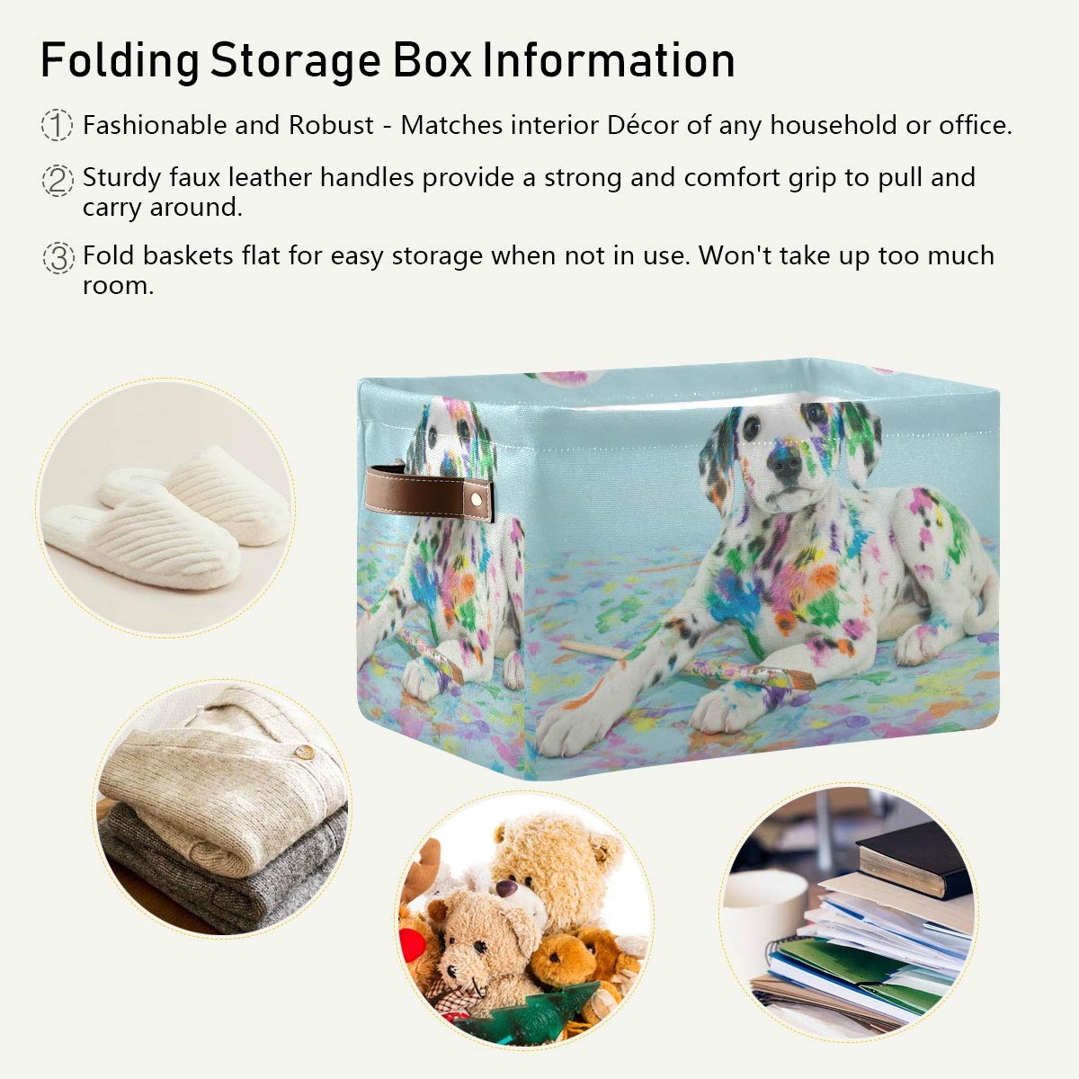 QMXO Collapsible Canvas Storage Basket with PU Leather Handles - Watercolor Dalmatian Puppy Design for Toys, Clothes & Home Organization | Perfect for Wardrobe, Closet & Shelf Organizer