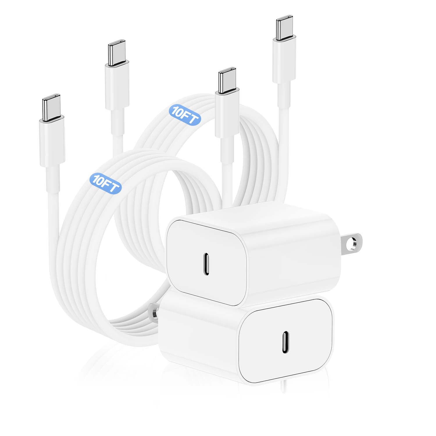 Fast Charging USB C Cable 10ft & Wall Charger Block for iPhone 16/15 Series & iPad - Durable 20W USB-C Power Adapter with Long Cord for Home, Office, Travel & Car Charging