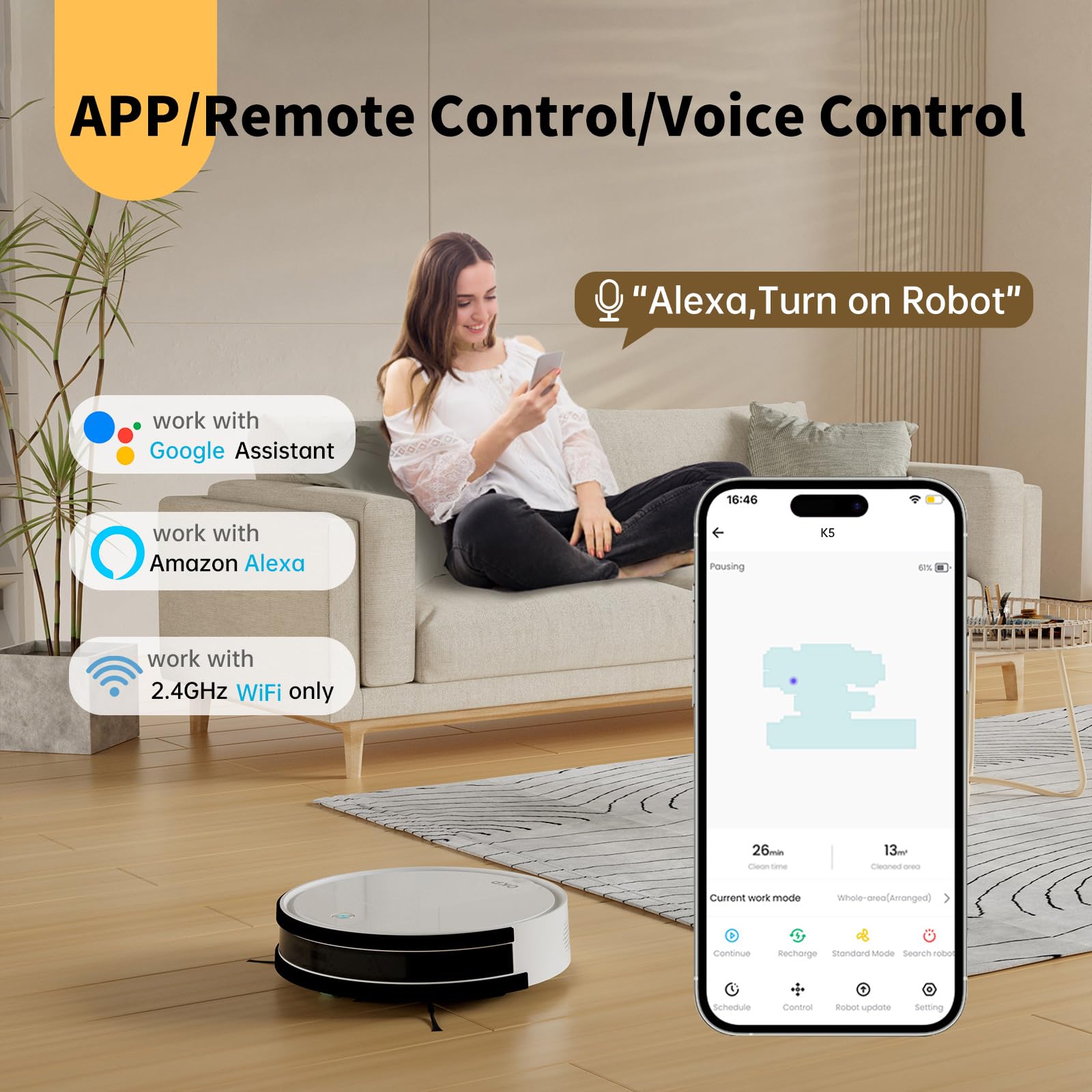 K5 Robot Vacuum Cleaner with 2500Pa Strong Suction - Smart WiFi/Alexa Compatible - Self-Charging Ultra Quiet Mini Robotic Vacuum for Hardwood Floors & Carpets - Perfect for Pet Hair Removal & Home Cleaning (Living Room, Bedroom, Office)