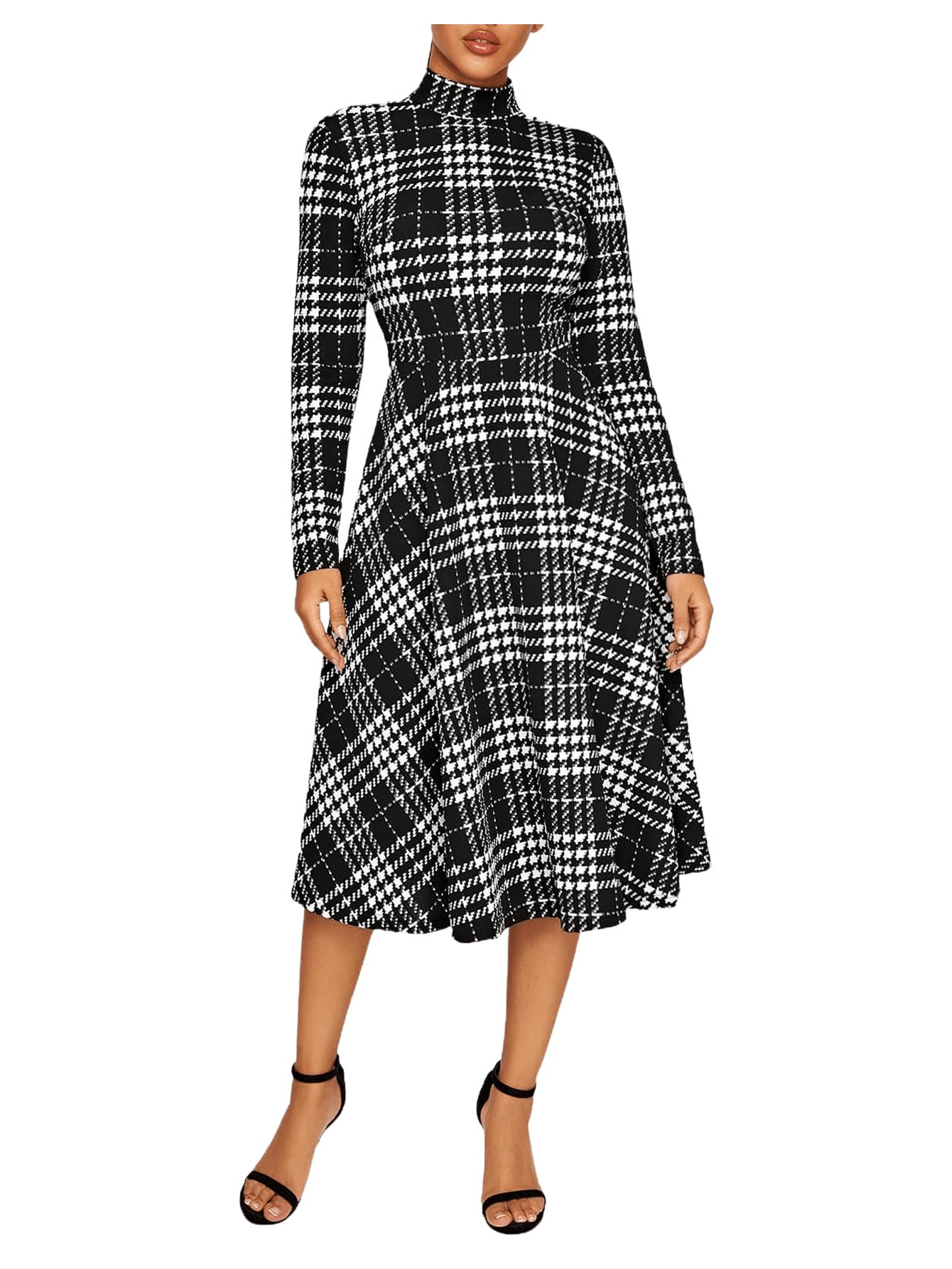Floerns Women's High Neck Plaid Fit and Flare Midi Dress - Elegant A-Line Flowy Dress for Office, Party & Date Night | Plus Size Options Available