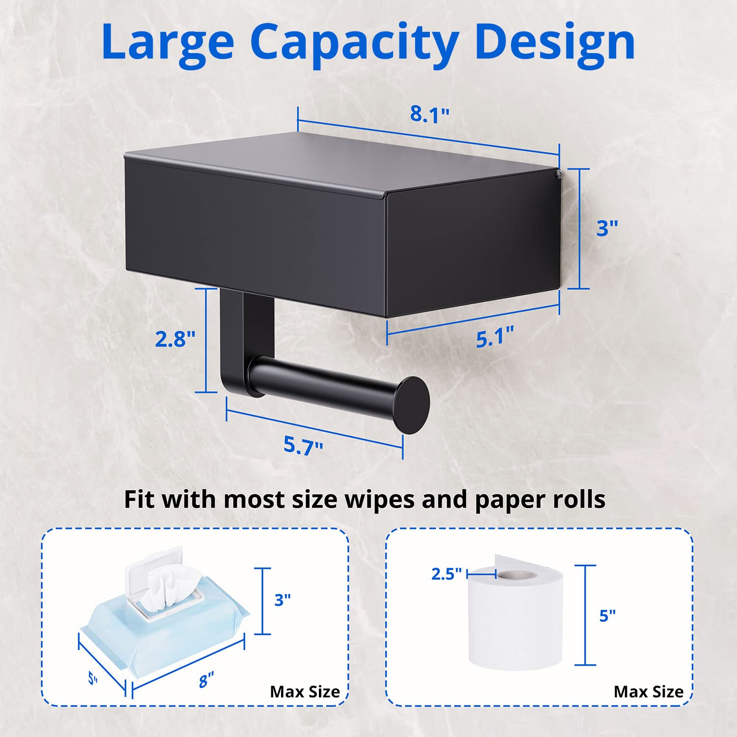 Stainless Steel Toilet Paper Holder with Shelf & Wipes Dispenser - Wall Mount Bathroom Organizer for Toilet Paper & Flushable Wipes Storage | Matte Black Finish | Perfect for Small Bathrooms & Powder Rooms