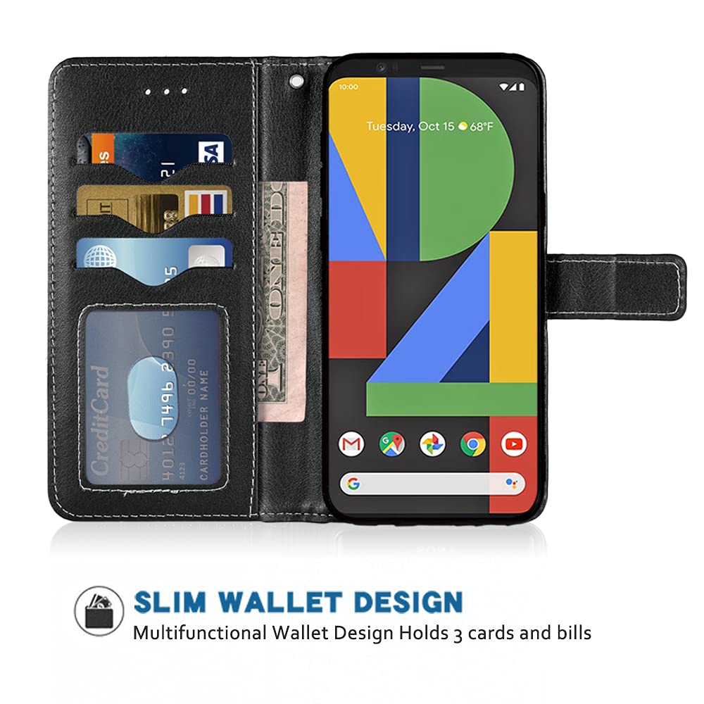 Google Pixel 4 Wallet Case with Wrist Strap & Card Holder - Premium Leather Flip Cover with Stand for Men & Women | Perfect for Everyday Use, Travel, and Hands-Free Convenience (Black)