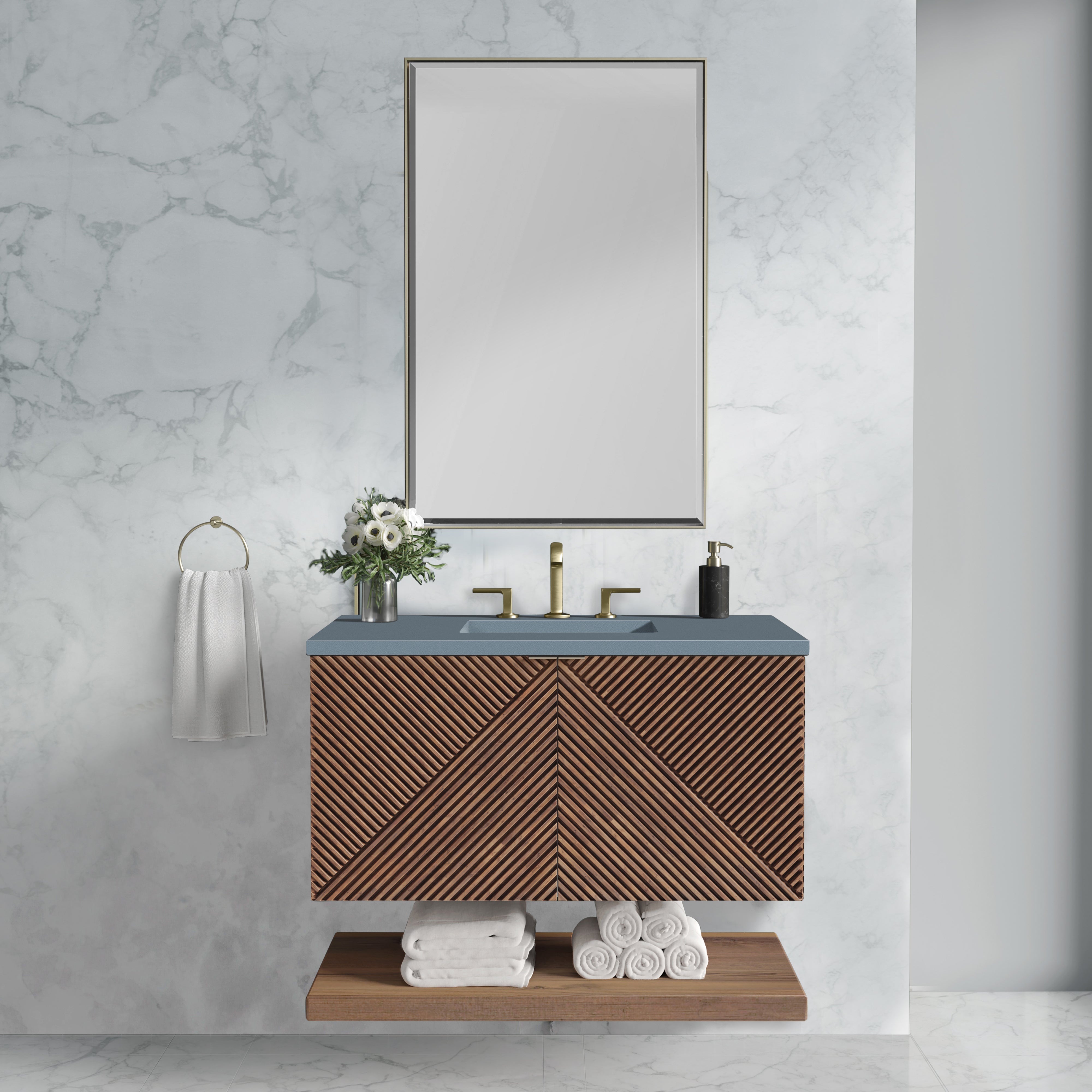 Marcello 36 Inch Single Bathroom Vanity with Chestnut Finish & 3CM Calacatta Blue Quartz Top - Perfect for Modern Master Bathrooms & Powder Rooms