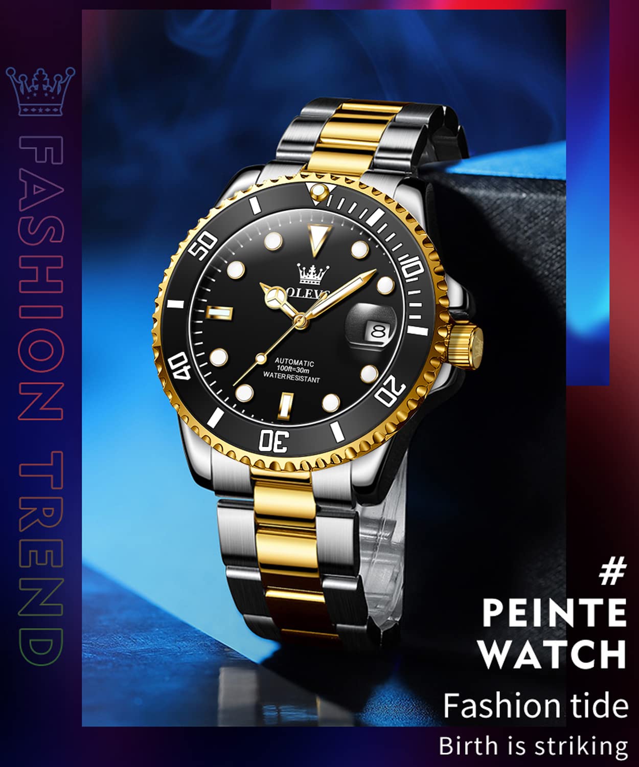 OLEVS Men's Automatic Self-Winding Mechanical Watch - Gold/Silver Stainless Steel Luxury Dress Watch with Big Face, Date Window, Waterproof & Luminous Rotating Bezel - Perfect for Business, Formal Events & Everyday Wear