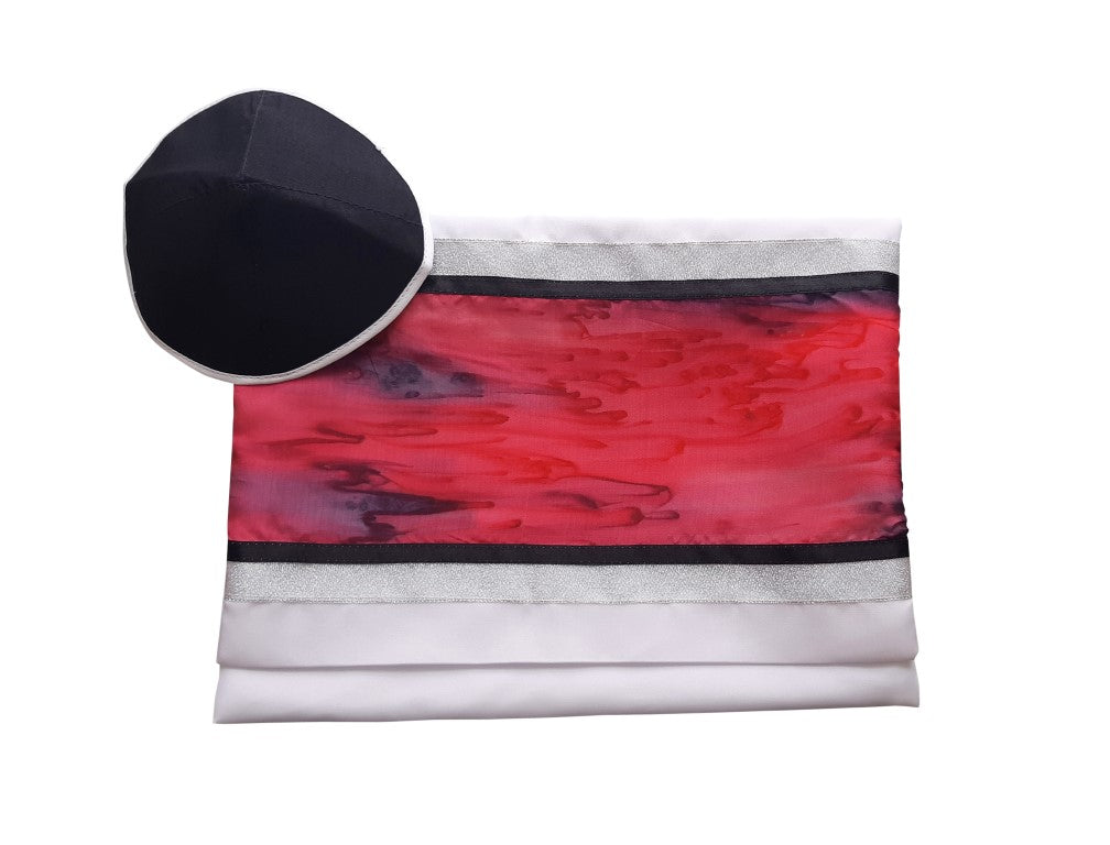 Hand-Painted Red and Black Marble Silk on Wool Tallit with Tzitzit for Bar Mitzvah - Perfect for Jewish Prayer Ceremonies & Special Religious Occasions