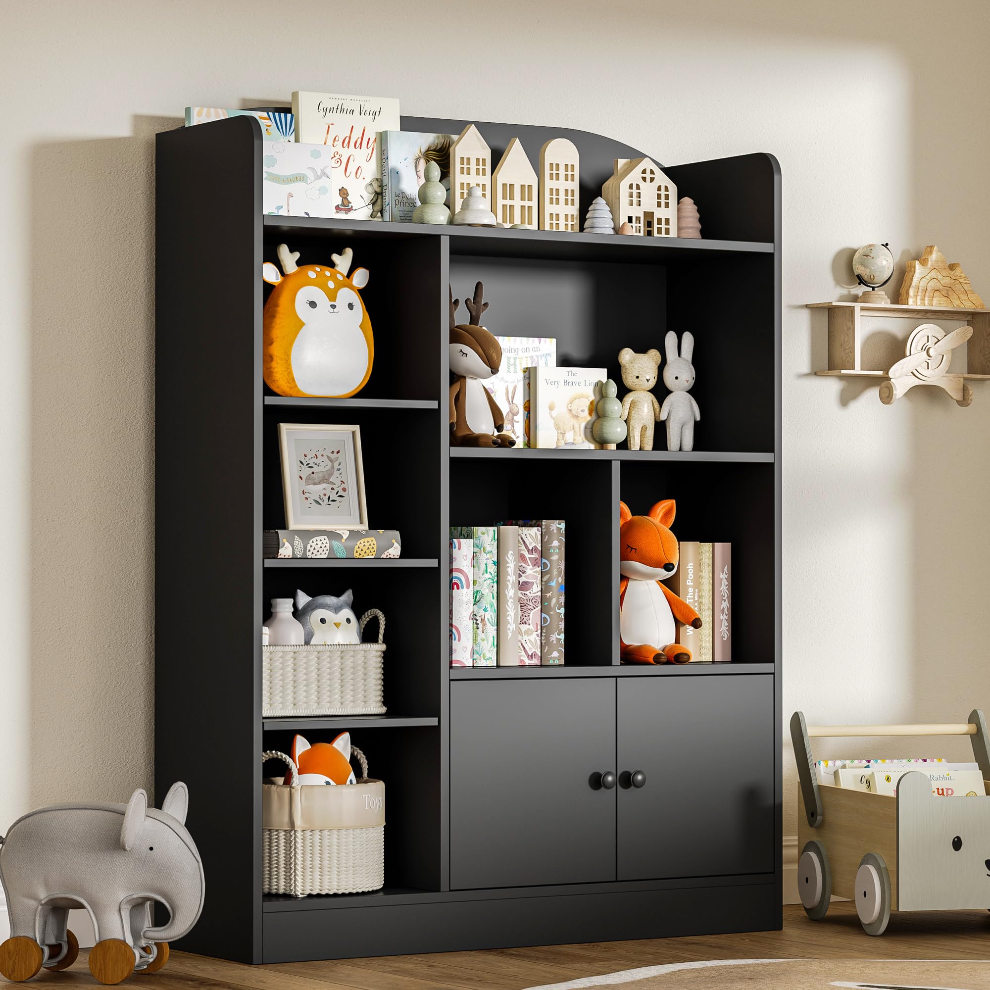 Black Kids Bookshelf - 7 Cubbies & 2 Cabinets Book Storage Organizer for Children's Bedroom, Playroom, Nursery | Durable Freestanding Bookcase for Kids Books, Toys & Decor | Perfect for Reading Nooks, Daycare & Homeschool Classrooms
