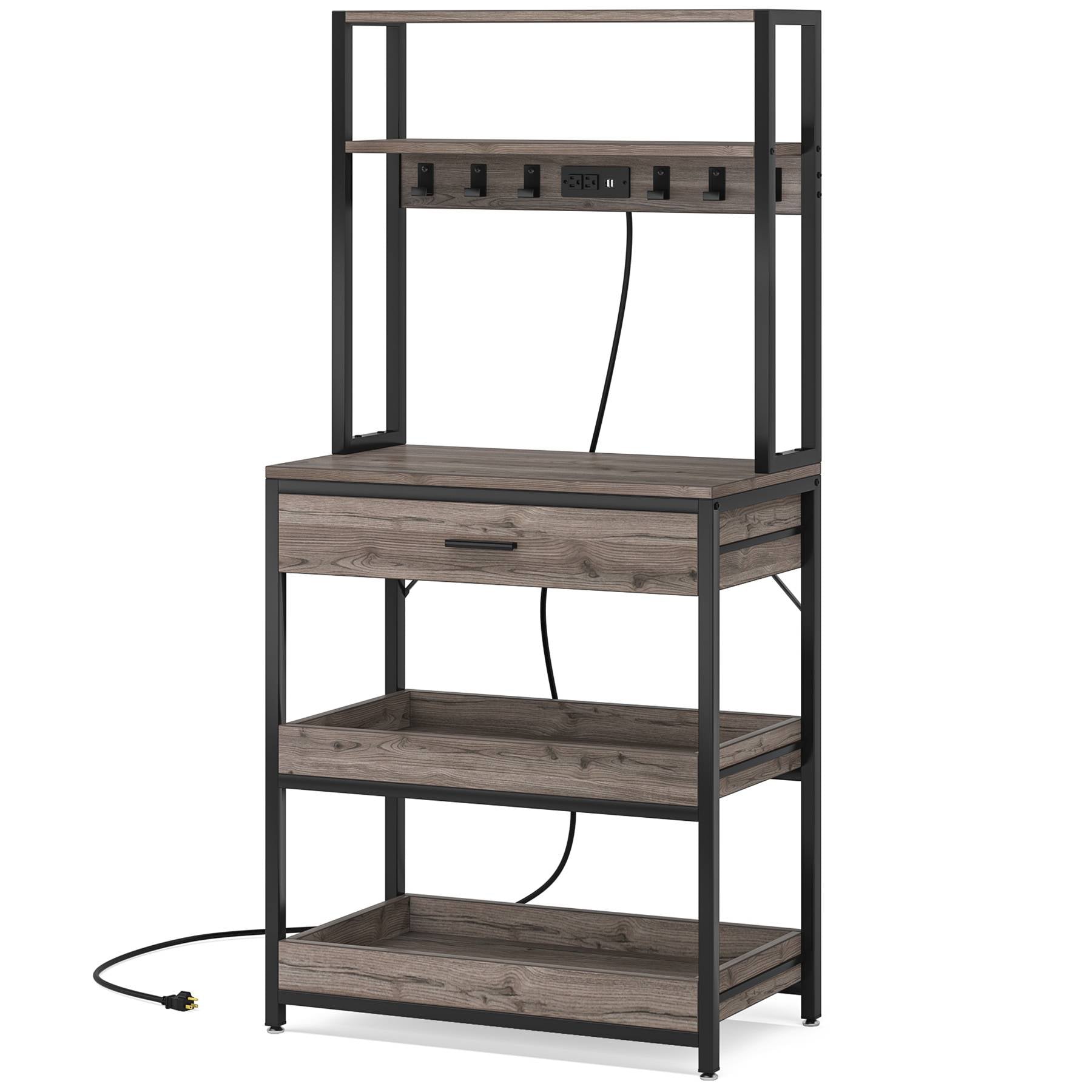 5-Tier Stainless Steel Kitchen Baker's Rack with Power Outlets, Storage Drawer & Adjustable Sliding Shelves - Perfect for Baking, Cooking & Small Appliance Organization in Home Kitchens