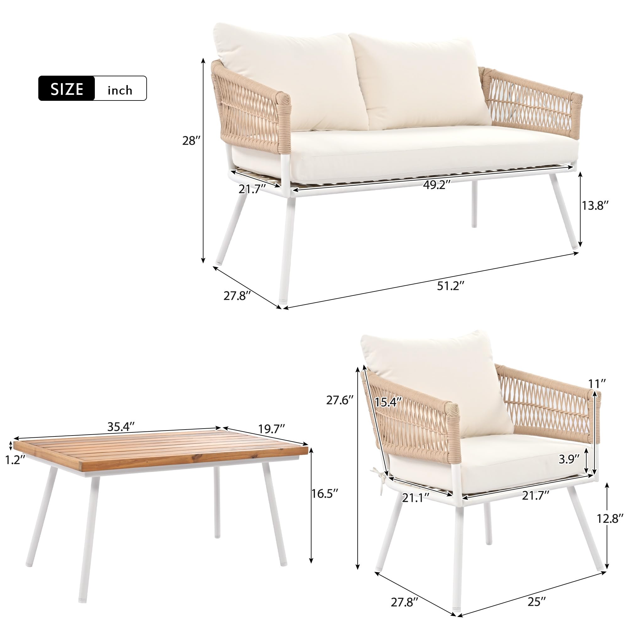4-Piece Outdoor Patio Furniture Set with Thick Cushions & Deep Seating - Boho Style Acacia Wood Table Conversation Set for Backyard, Poolside or Garden - Perfect for Relaxing, Entertaining and Outdoor Gatherings (Beige)