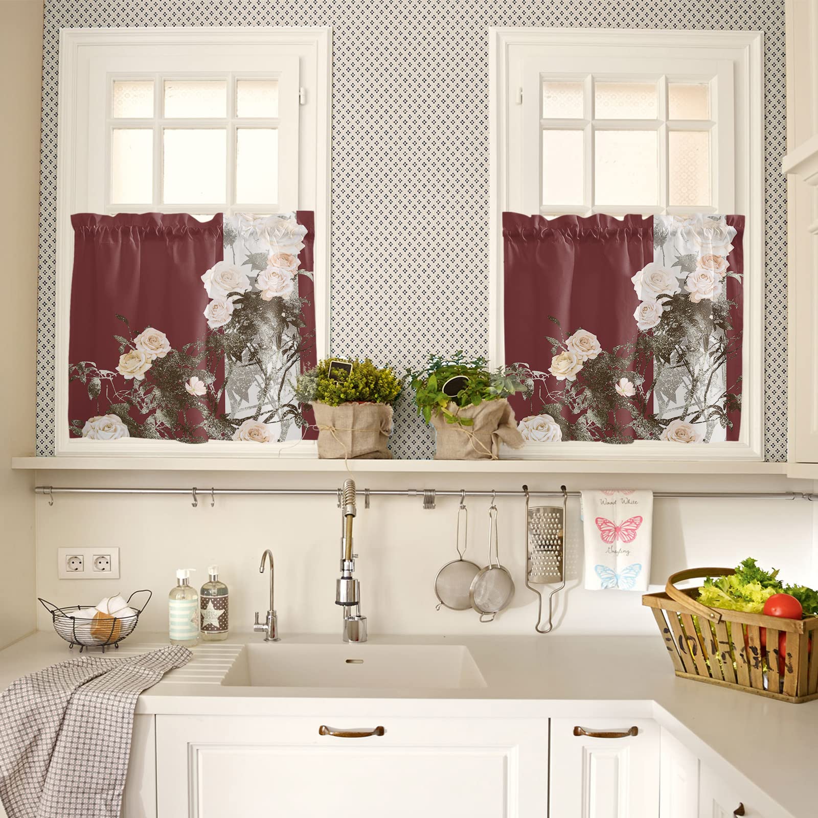 Pink Roses Floral Kitchen Valance Curtains - 2 Panels, Light Filtering, Rod Pocket Design, 27.5x24 Inches - Perfect for Kitchen & Bathroom Windows, Adds Vintage Charm to Your Home Decor
