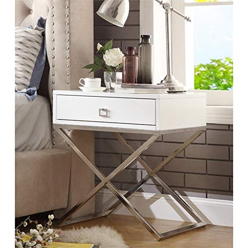 Brianna White & Gold Nightstand with X-Metal Legs - 1 Drawer Bedside Table for Bedroom, Living Room, or Office Storage