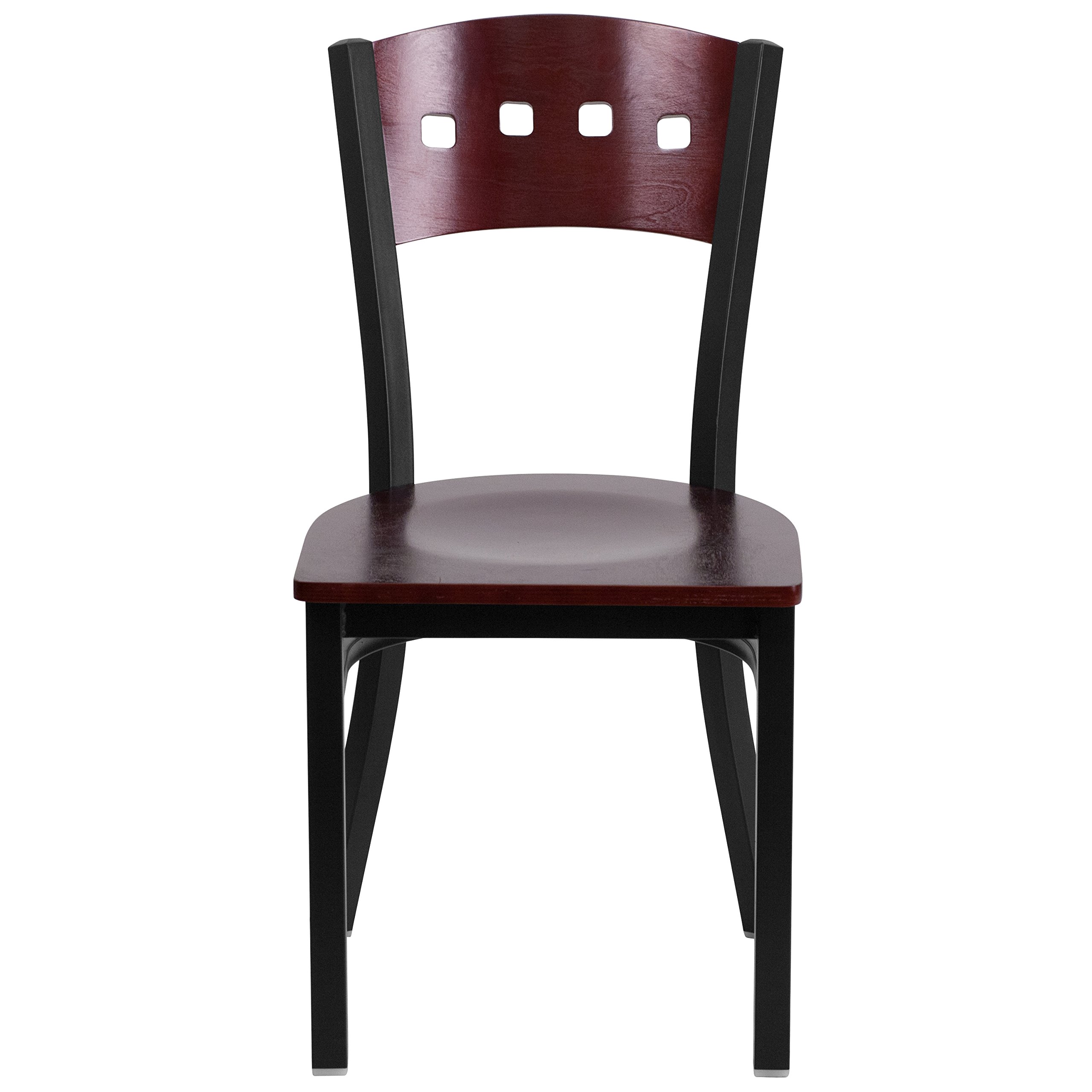 EMMA + OLIVER Black 4 Square Back Metal Dining Chair - Mahogany Wood Back & Seat - Modern Kitchen & Dining Room Furniture for Home & Restaurant Use