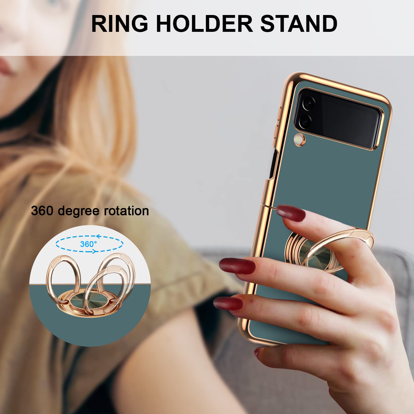 360° Rotating Magnetic Ring Holder Case for Samsung Galaxy Z Flip 4/5G - Electroplated Metal Stand with Soft Silicone Shockproof Cover (Gray) - Perfect for Car Mounting, Hands-Free Viewing & Secure Grip