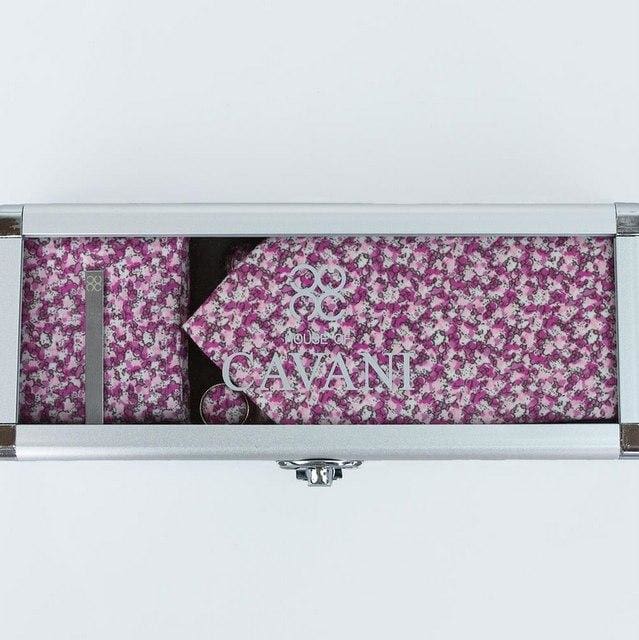 Cavani Pink Floral Tie Set with Pocket Square - Elegant Silk Necktie Gift Box Set for Weddings, Prom & Formal Events