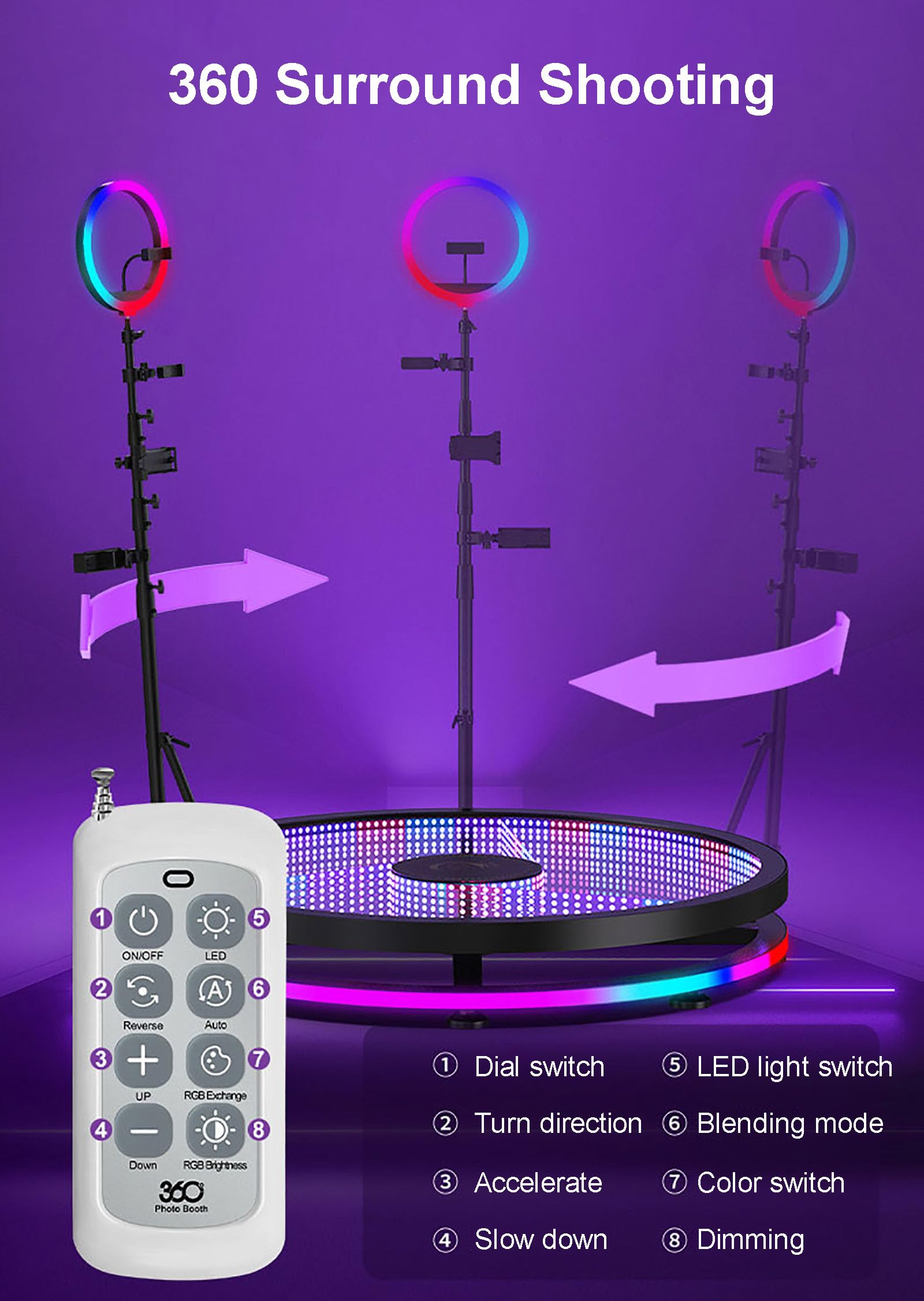 360 Photo Booth with RGB Ring Light - Portable Selfie Video Platform for 1-7 People, Slow Motion Camera Booth with Magic Glass & Flight Case - Perfect for Parties, Weddings, and Social Media Content Creation