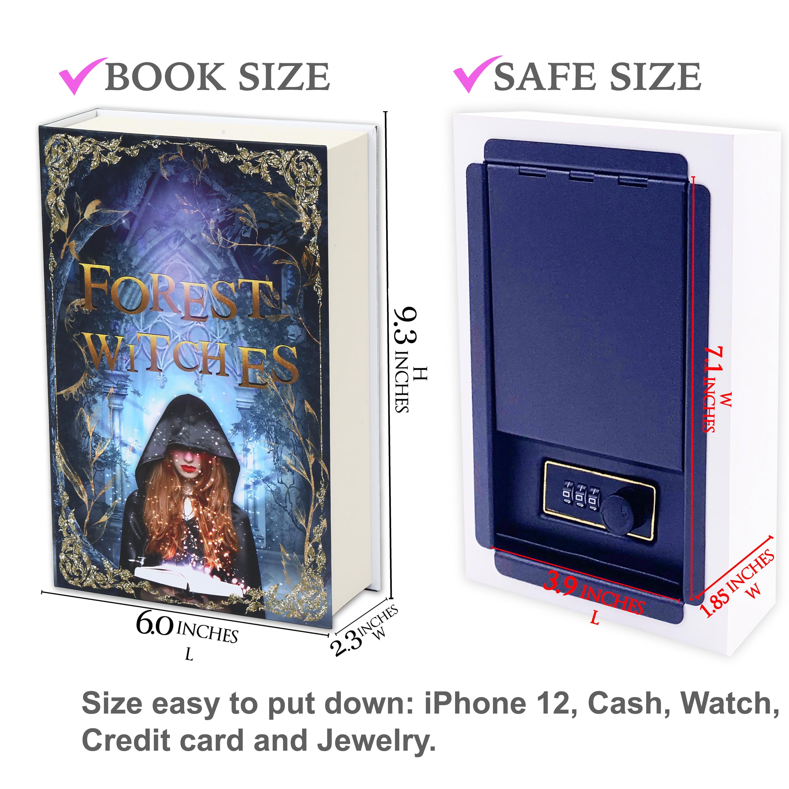 FOREST WITCHES Diversion Book Safe with Key Lock - Secret Hidden Storage Box, Metal Security Lockbox for Valuables (9.3''x6.1''x2.3'') - Perfect for Home, Office & Travel to Hide Cash, Jewelry & Important Documents