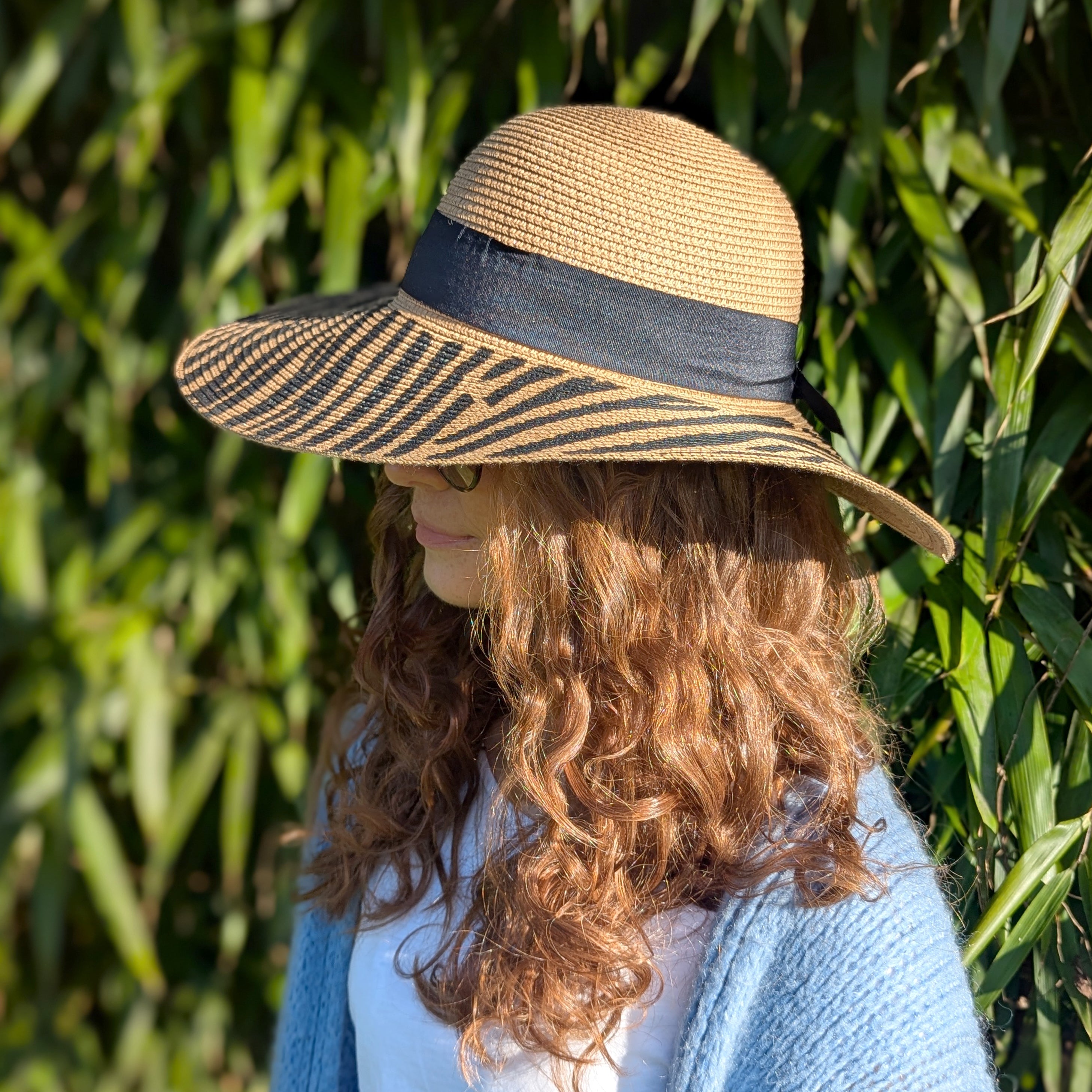 Stylish Zebra Print Wide Brim Foldable Sun Hat (57cm) - Dark Natural/Black for Women | Perfect for Beach, Vacation & Outdoor Activities