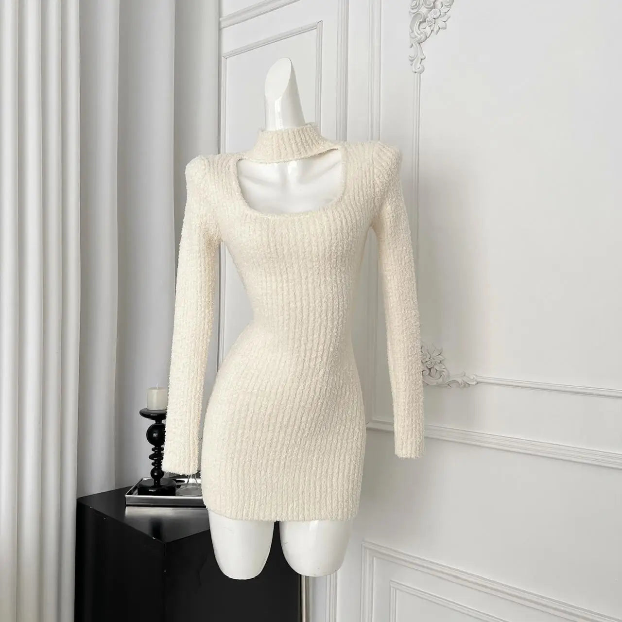 Women's Black Hollowed Out Knit Mini Dress - Autumn Korean Style High Collar Slim Wrap Dress for Party, Date Night & Office Wear