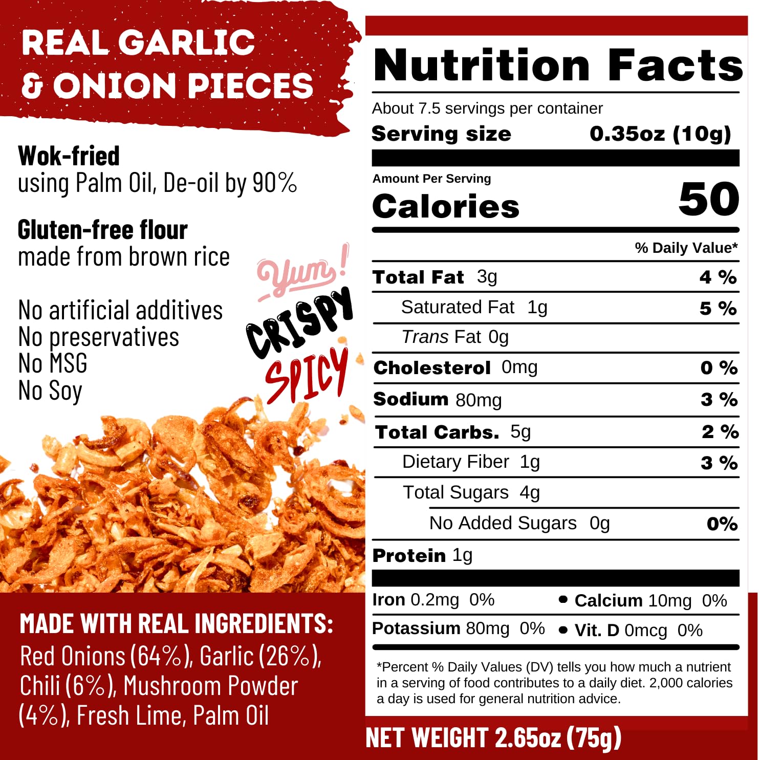 MaeMai Medium Spicy Crispy Onions & Garlic Flakes - Crunchy All-Purpose Seasoning for Keto, Salads, Ramen, Rice | Vegan, Gluten-Free, Low Carb Topping | Perfect for Stir-Fry, Pasta & Snacks | 2.65oz (75g)